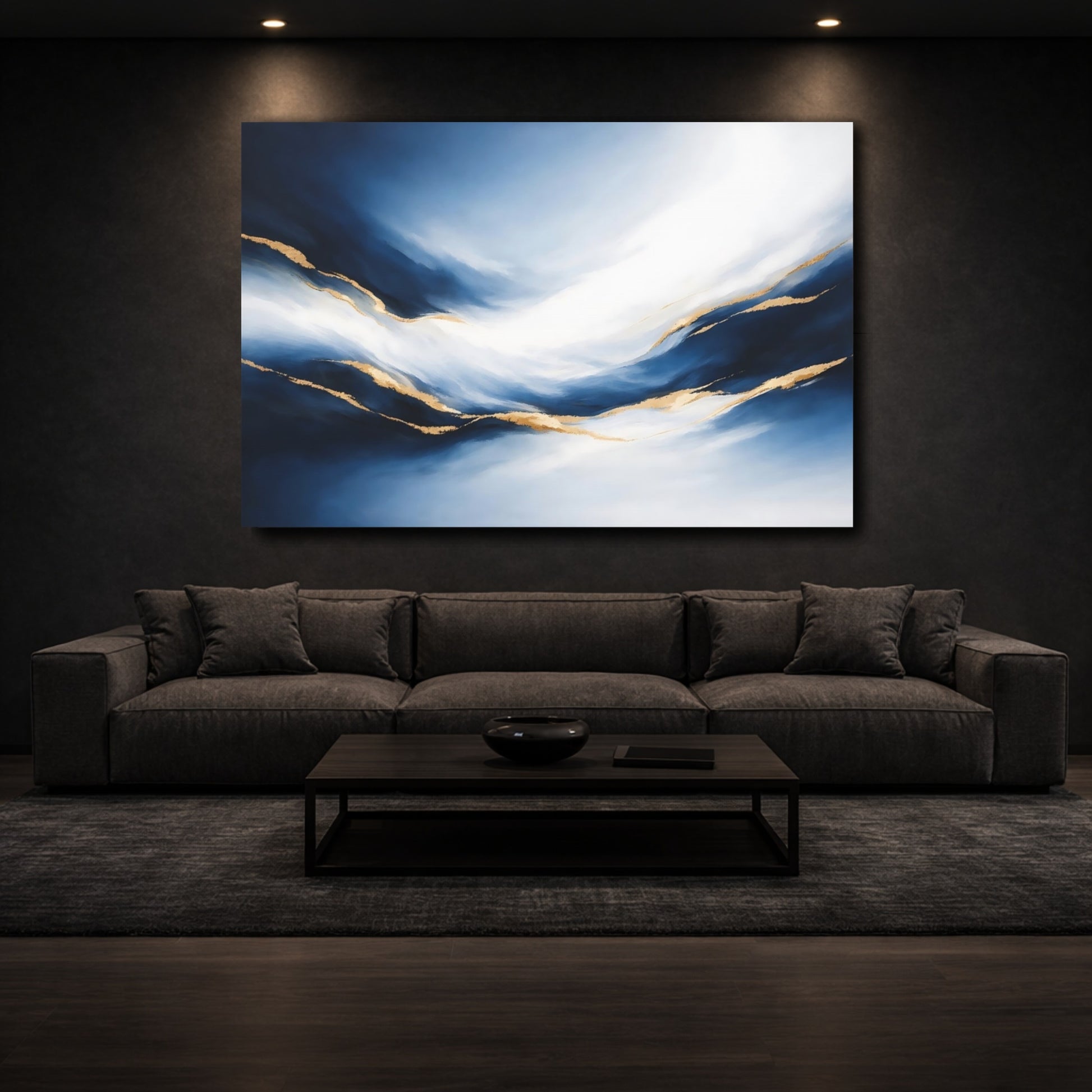 Mockup 2. Abstract Fluid Abstract Blue And Gold Abstract shown as stretched canvas wall art
