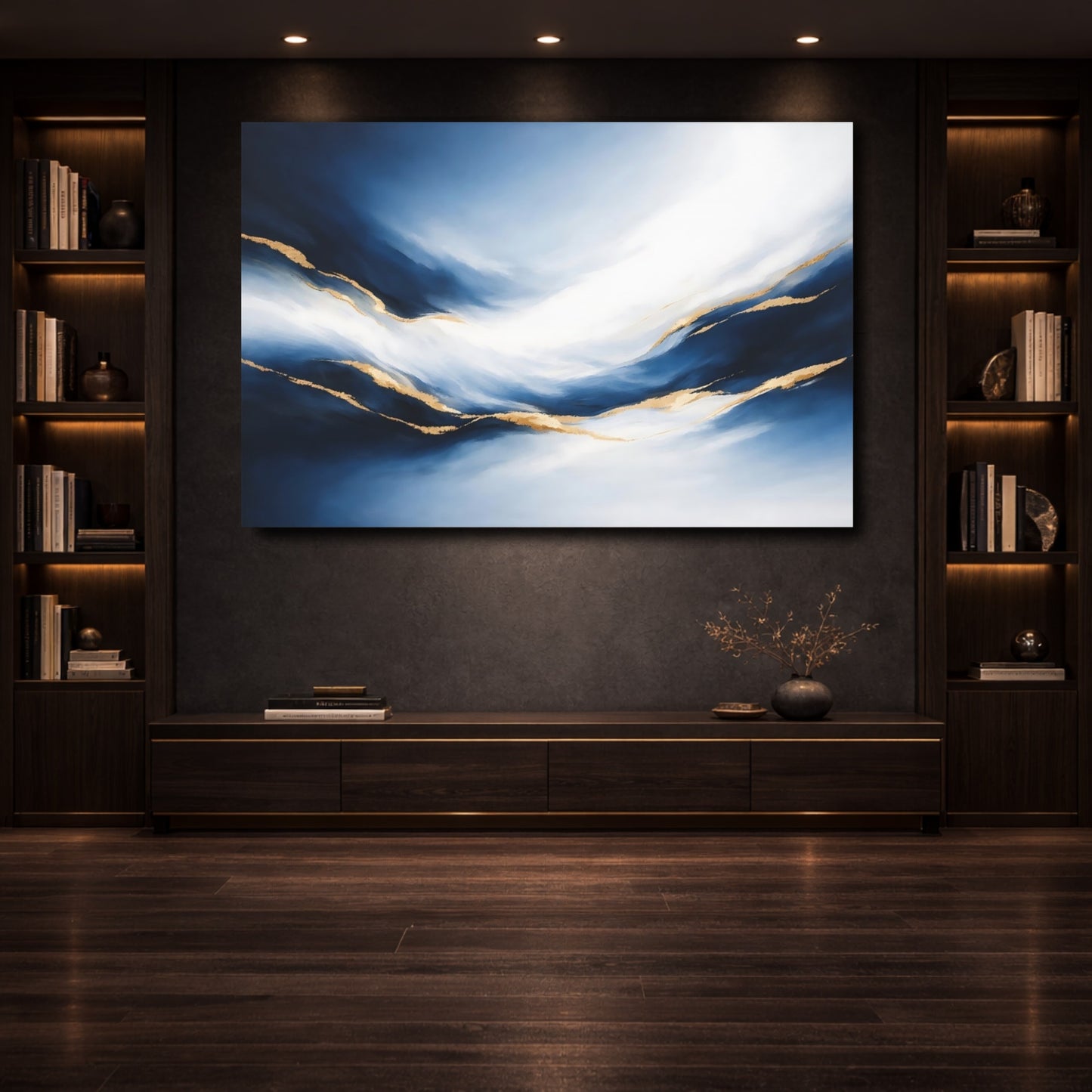Mockup 3. Abstract Fluid Abstract Blue And Gold Abstract shown as stretched canvas wall art