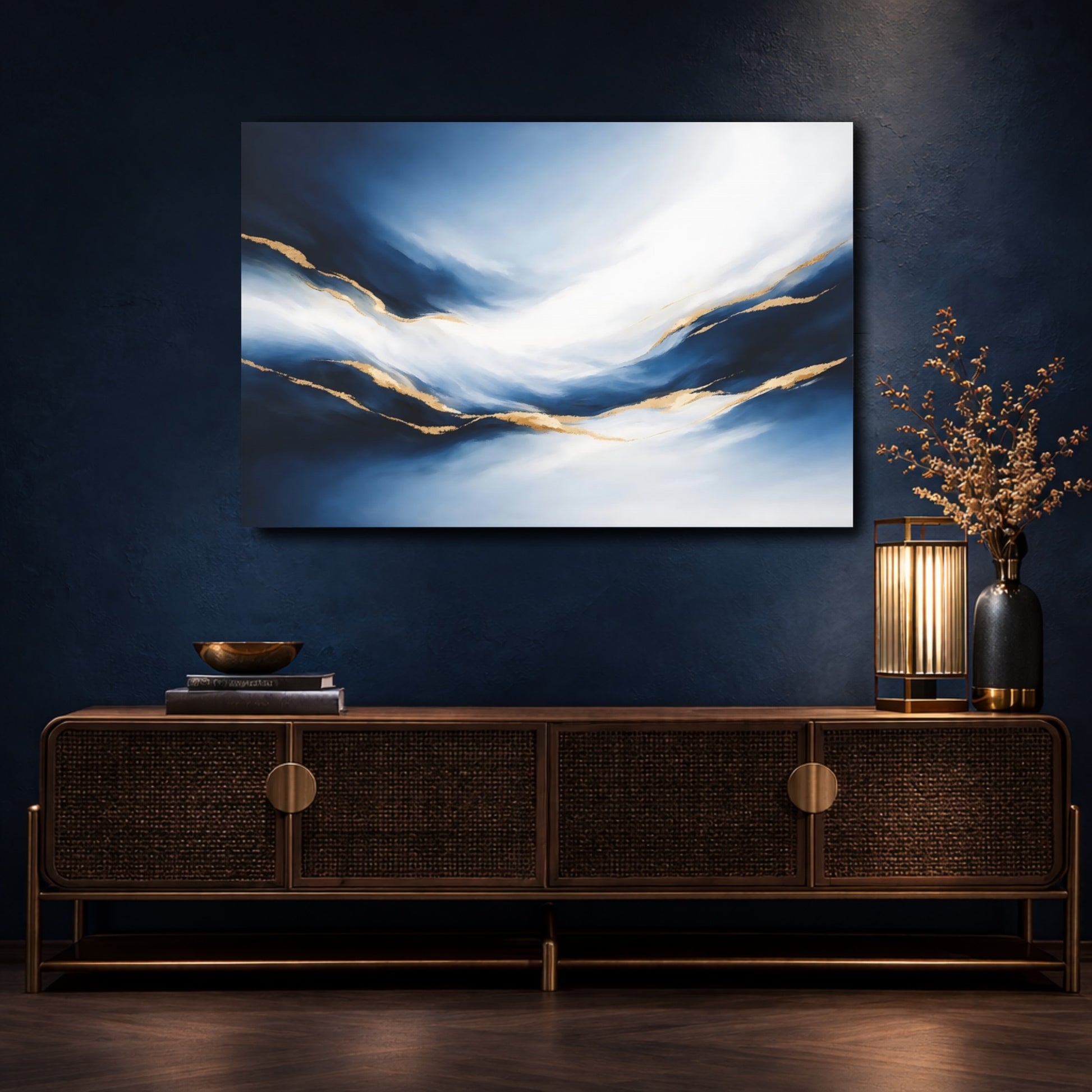 Mockup 4. Abstract Fluid Abstract Blue And Gold Abstract shown as stretched canvas wall art