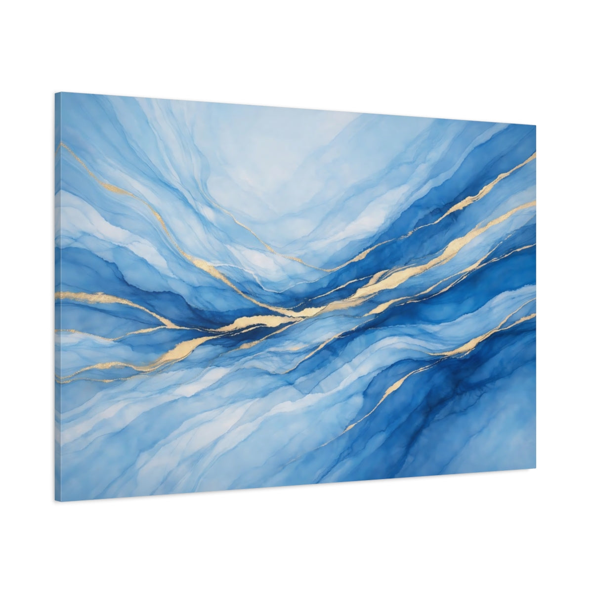 Main Mockup. Abstract Fluid Abstract Blue And Gold shown as stretched canvas wall art