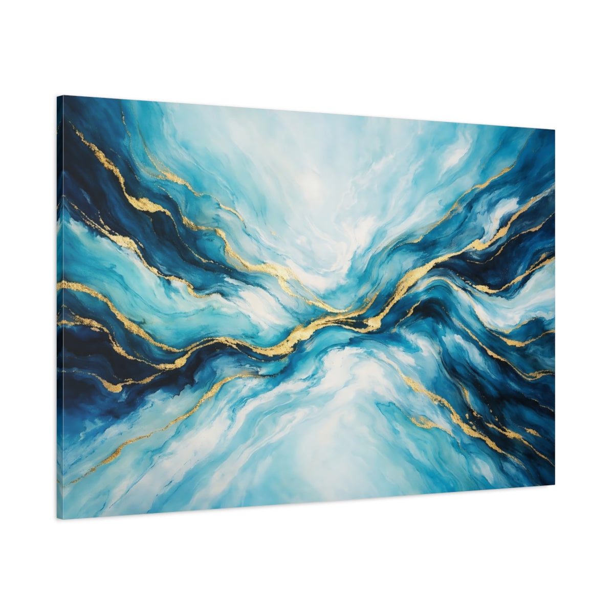 Main Mockup. Abstract Fluid Abstract Blue And Gold shown as stretched canvas wall art