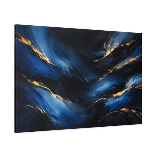 Main Mockup. Abstract Fluid Abstract Blue And Gold shown as stretched canvas wall art