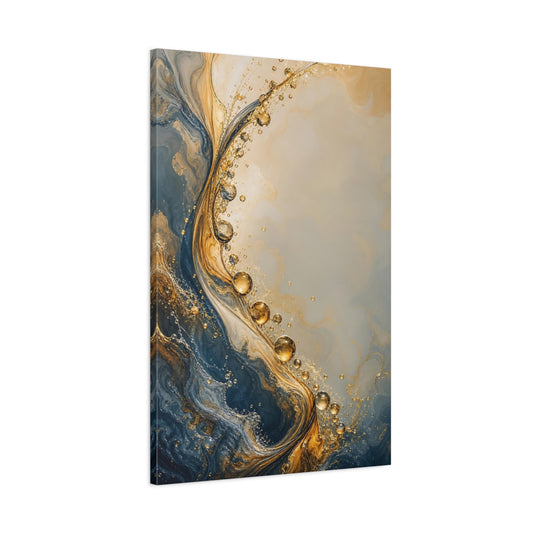 Main Mockup. Abstract Fluid Abstract Blue And Gold shown as stretched canvas wall art