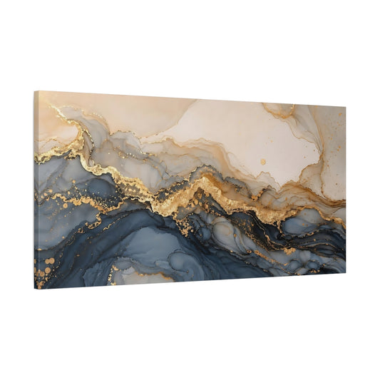 Main Mockup. Abstract Fluid Abstract Blue And Gold shown as stretched canvas wall art