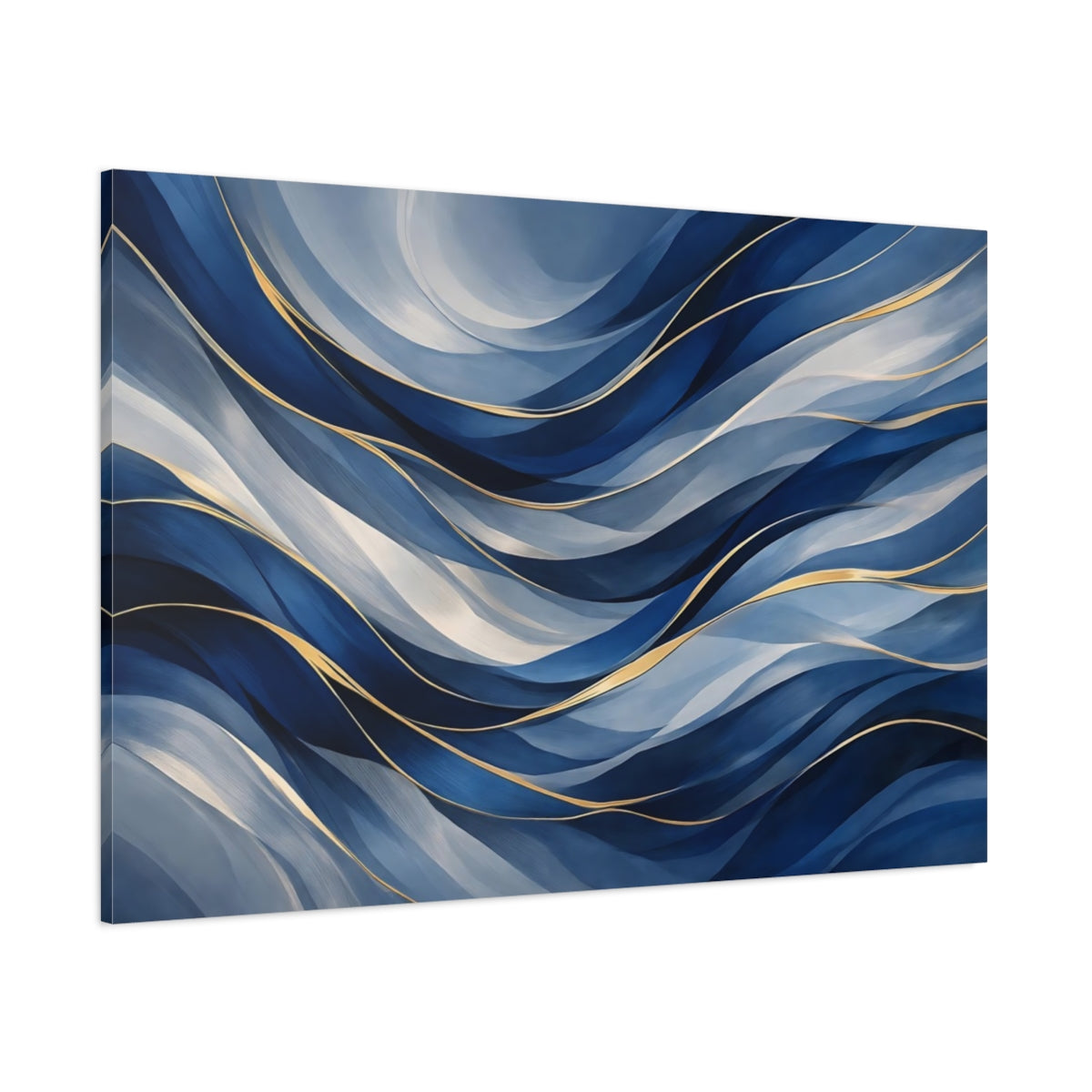 Main Mockup. Abstract Fluid Abstract Blue And Gold shown as stretched canvas wall art