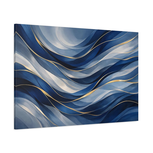Main Mockup. Abstract Fluid Abstract Blue And Gold shown as stretched canvas wall art