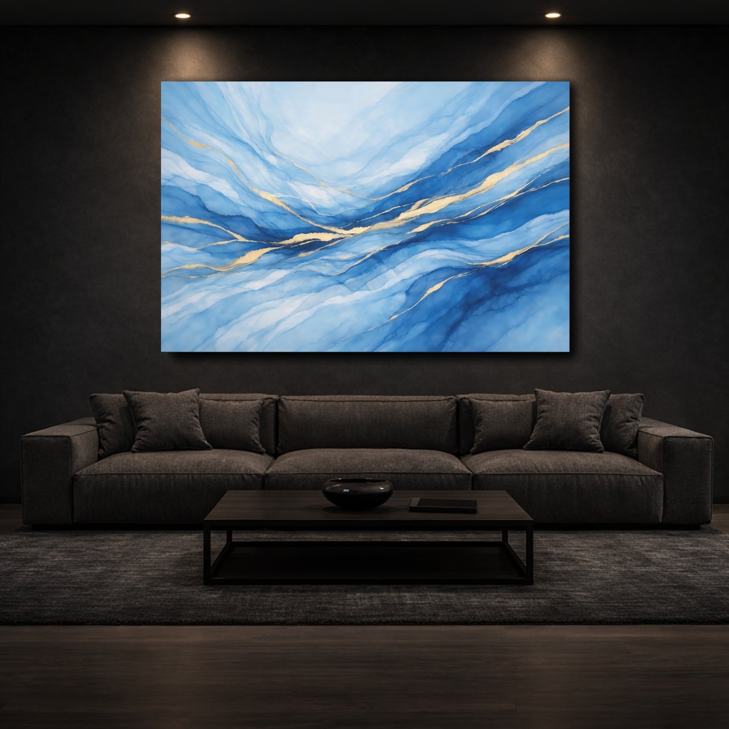 Mockup 2. Abstract Fluid Abstract Blue And Gold shown as stretched canvas wall art
