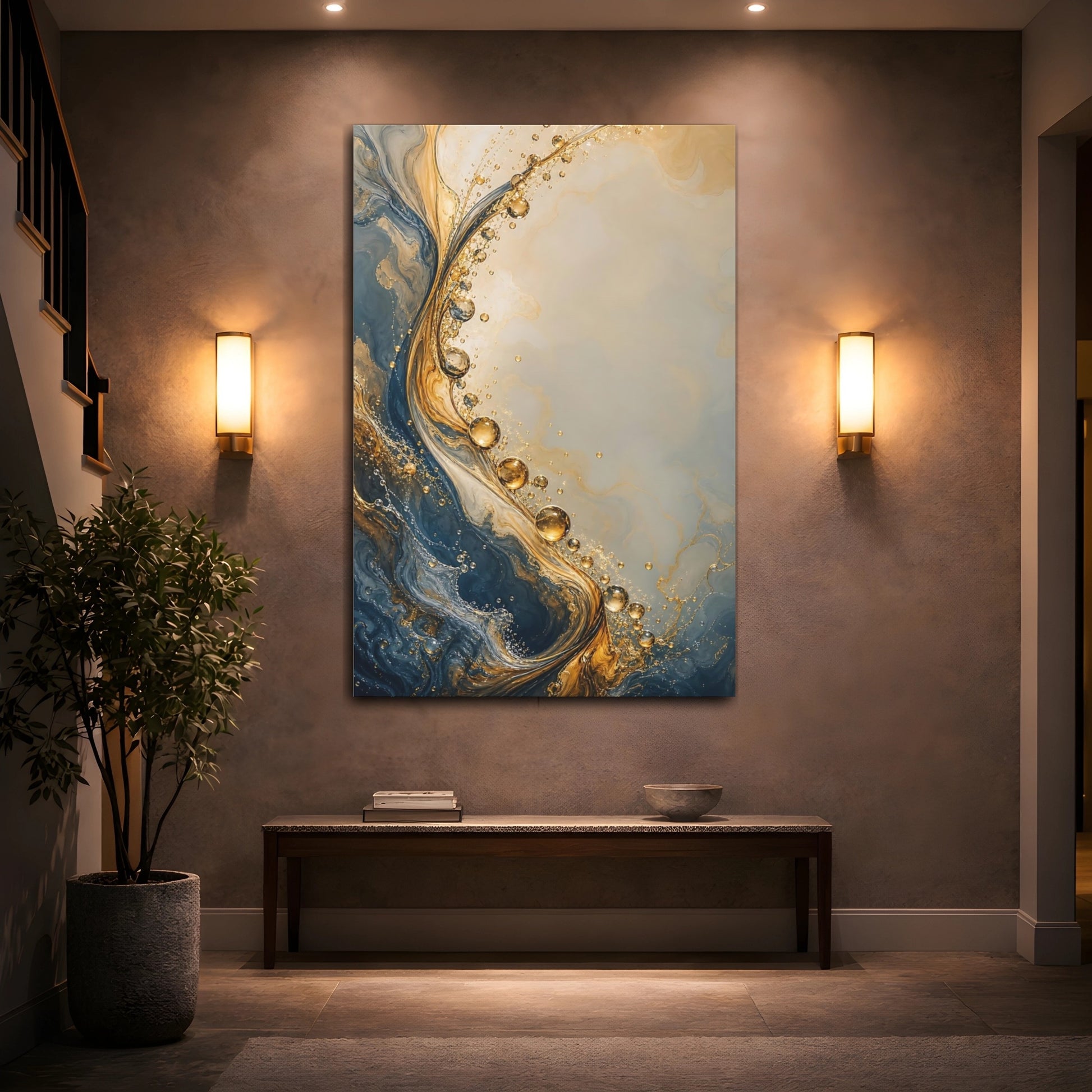 Mockup 2. Abstract Fluid Abstract Blue And Gold shown as stretched canvas wall art