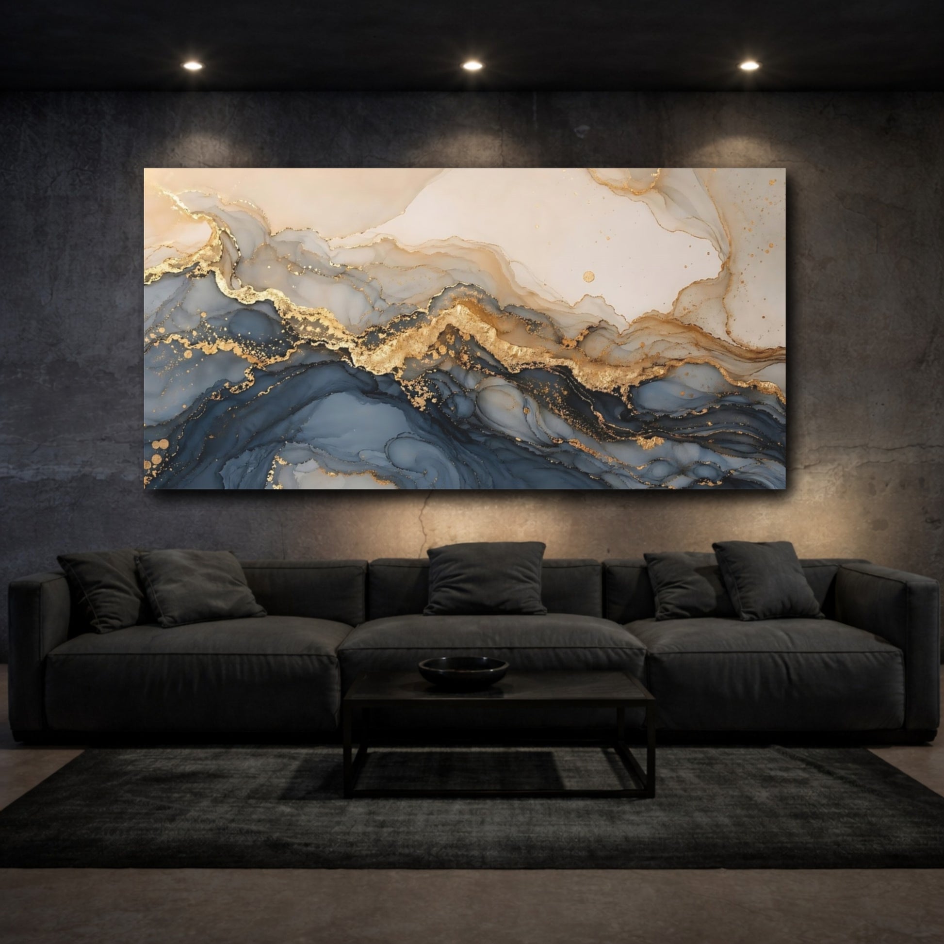 Mockup 2. Abstract Fluid Abstract Blue And Gold shown as stretched canvas wall art