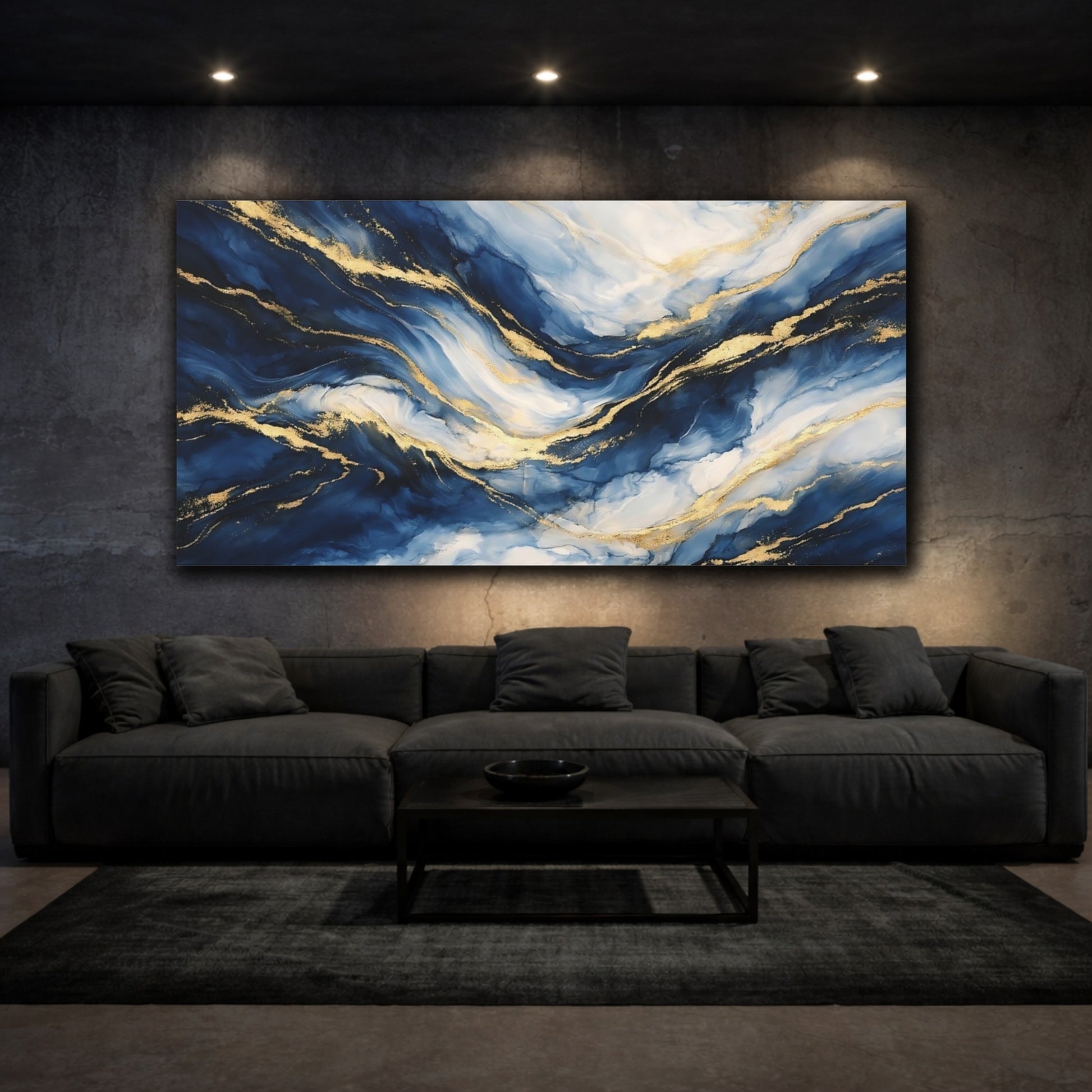 Mockup 2. Abstract Fluid Abstract Blue And Gold shown as stretched canvas wall art