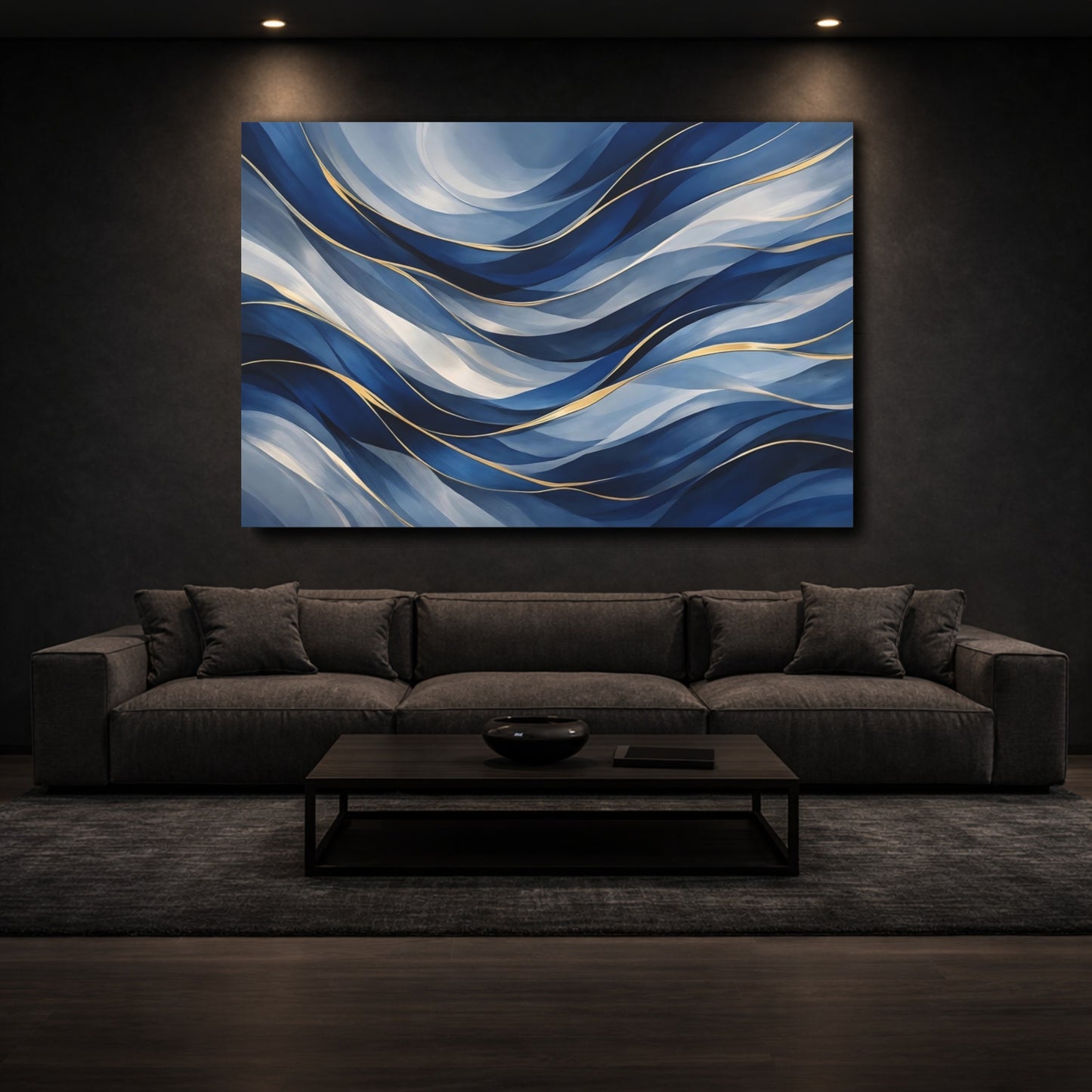 Mockup 2. Abstract Fluid Abstract Blue And Gold shown as stretched canvas wall art