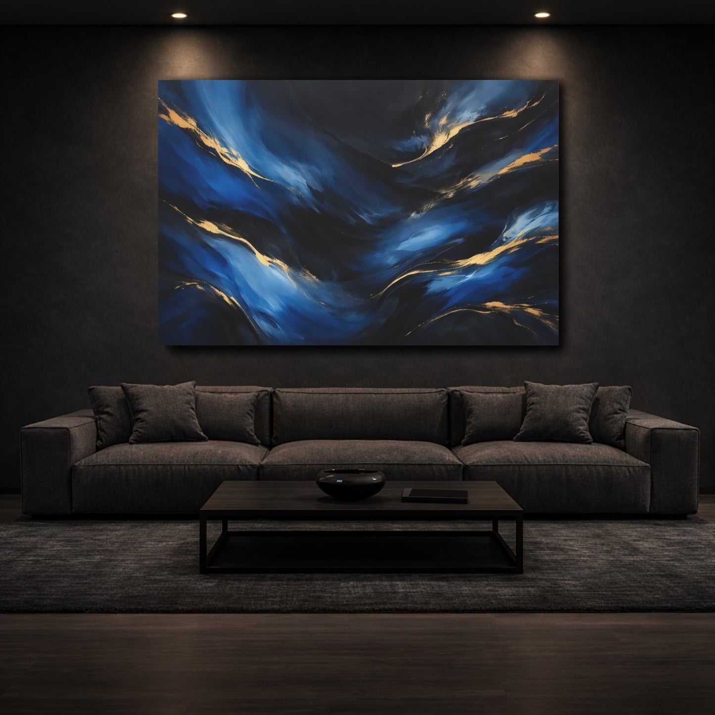 Mockup 2. Abstract Fluid Abstract Blue And Gold shown as stretched canvas wall art