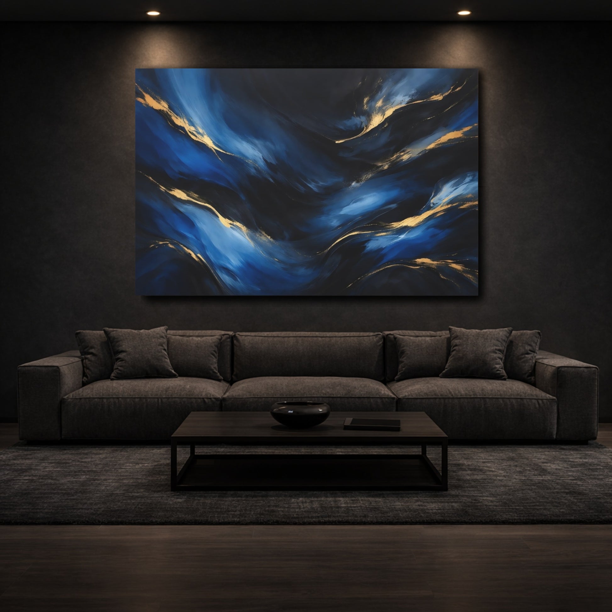 Mockup 2. Abstract Fluid Abstract Blue And Gold shown as stretched canvas wall art