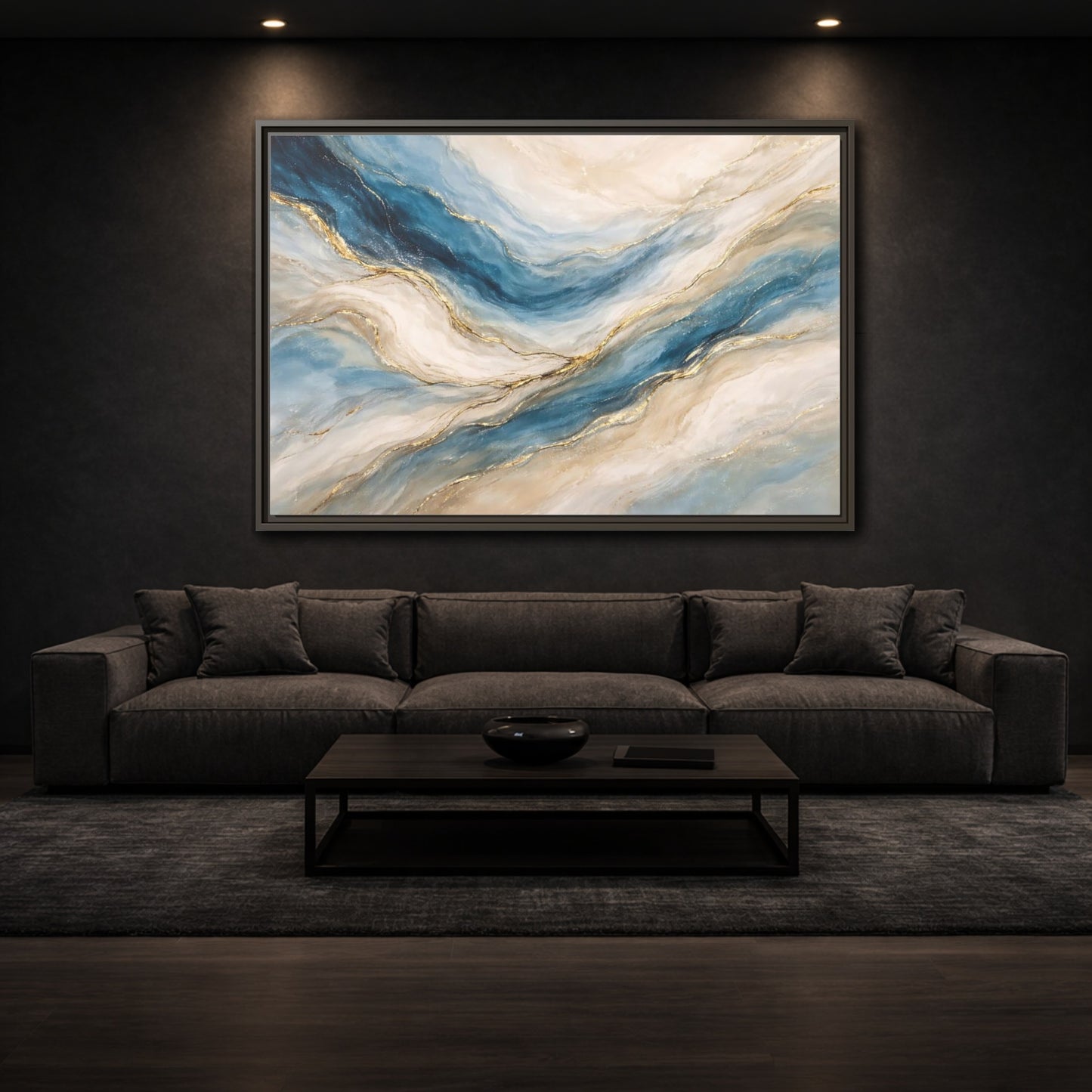 Mockup 2. Abstract Fluid Abstract Blue And Gold shown as stretched canvas wall art