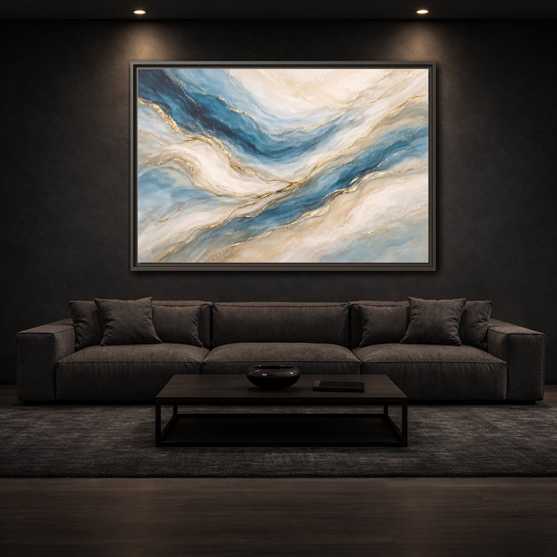 Mockup 2. Abstract Fluid Abstract Blue And Gold shown as stretched canvas wall art