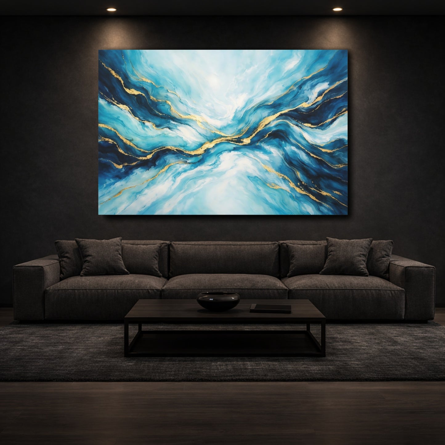 Mockup 2. Abstract Fluid Abstract Blue And Gold shown as stretched canvas wall art