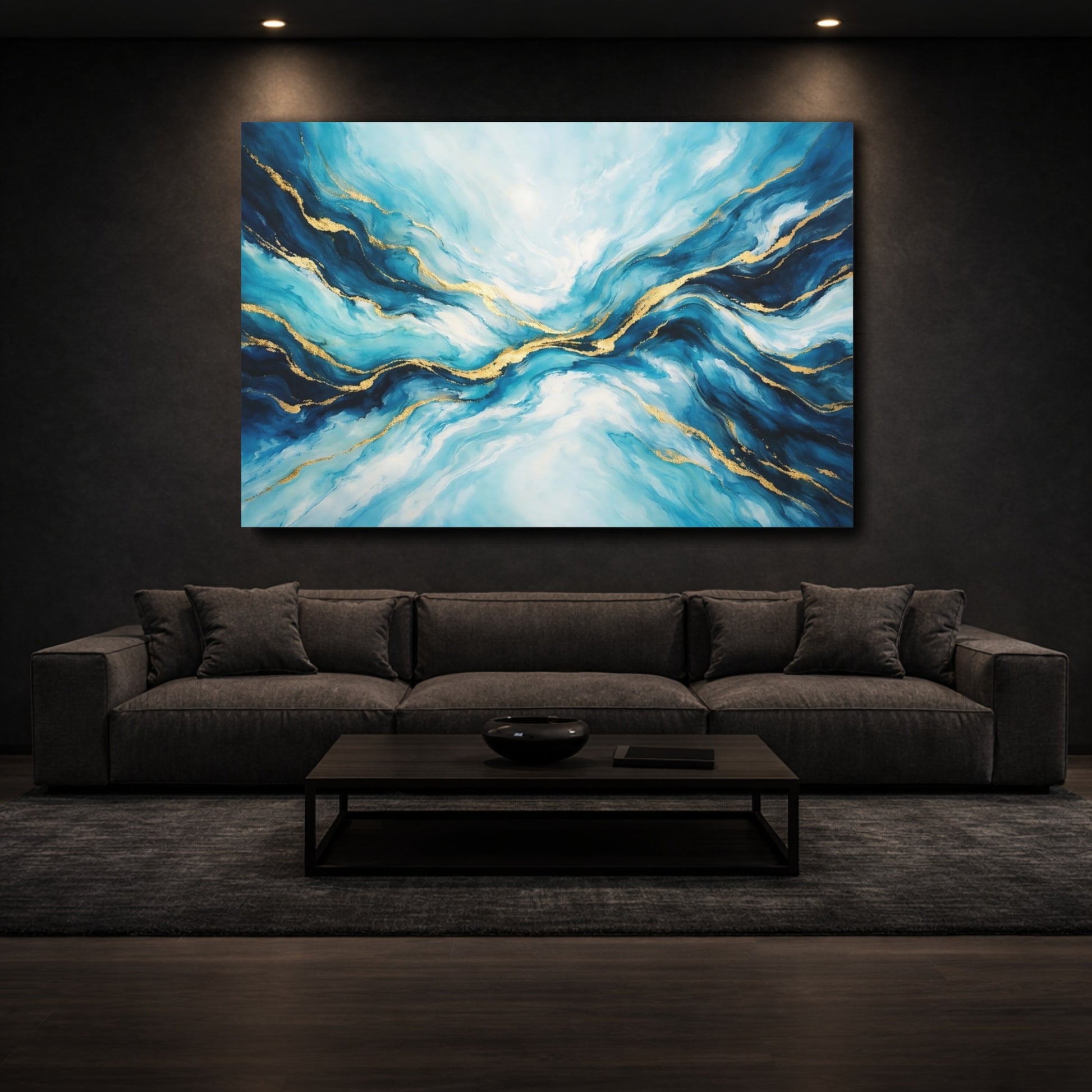 Mockup 2. Abstract Fluid Abstract Blue And Gold shown as stretched canvas wall art