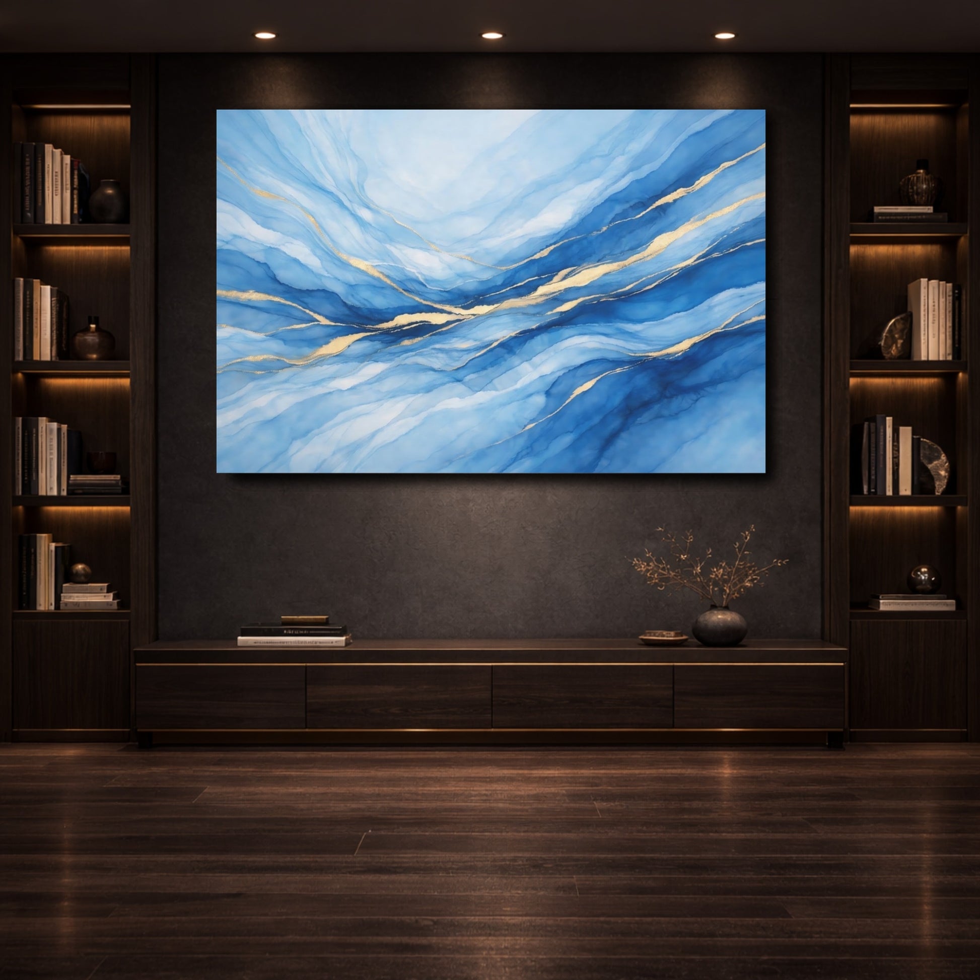 Mockup 3. Abstract Fluid Abstract Blue And Gold shown as stretched canvas wall art