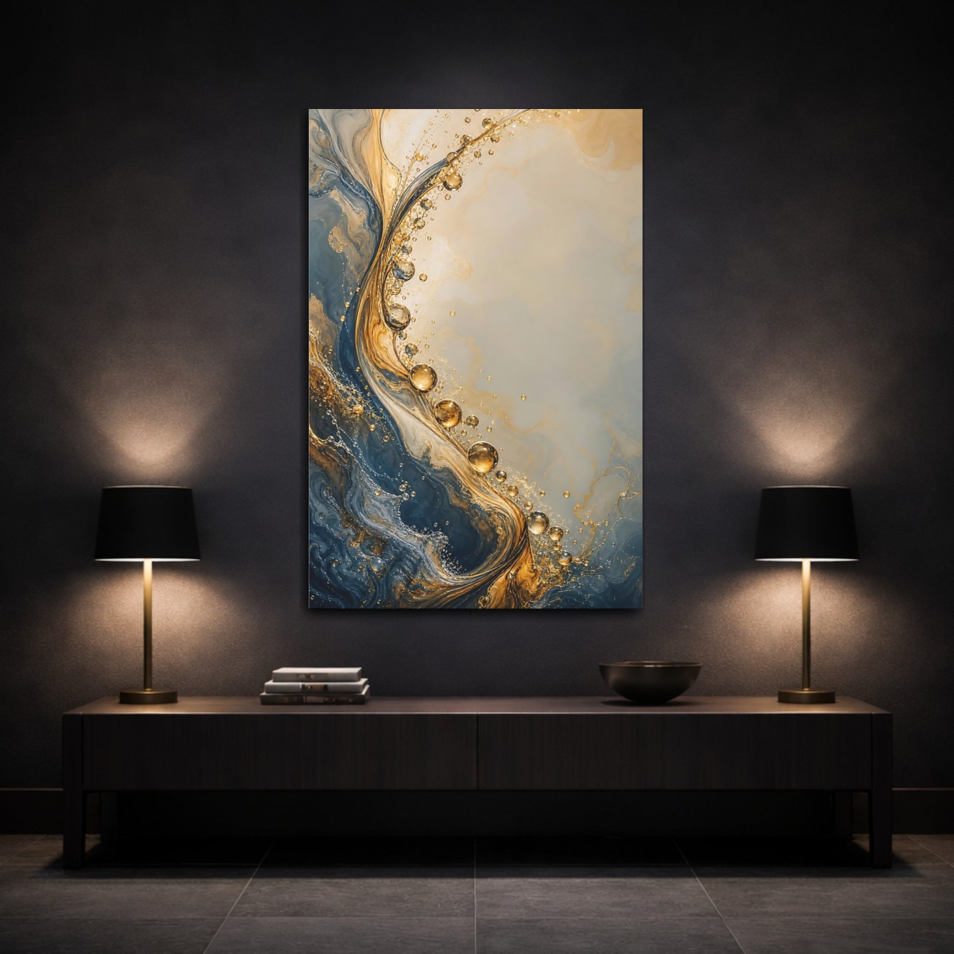Mockup 3. Abstract Fluid Abstract Blue And Gold shown as stretched canvas wall art