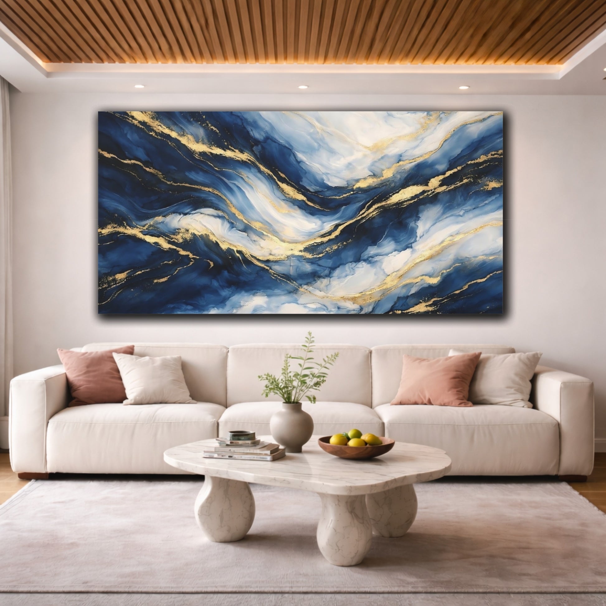 Mockup 3. Abstract Fluid Abstract Blue And Gold shown as stretched canvas wall art