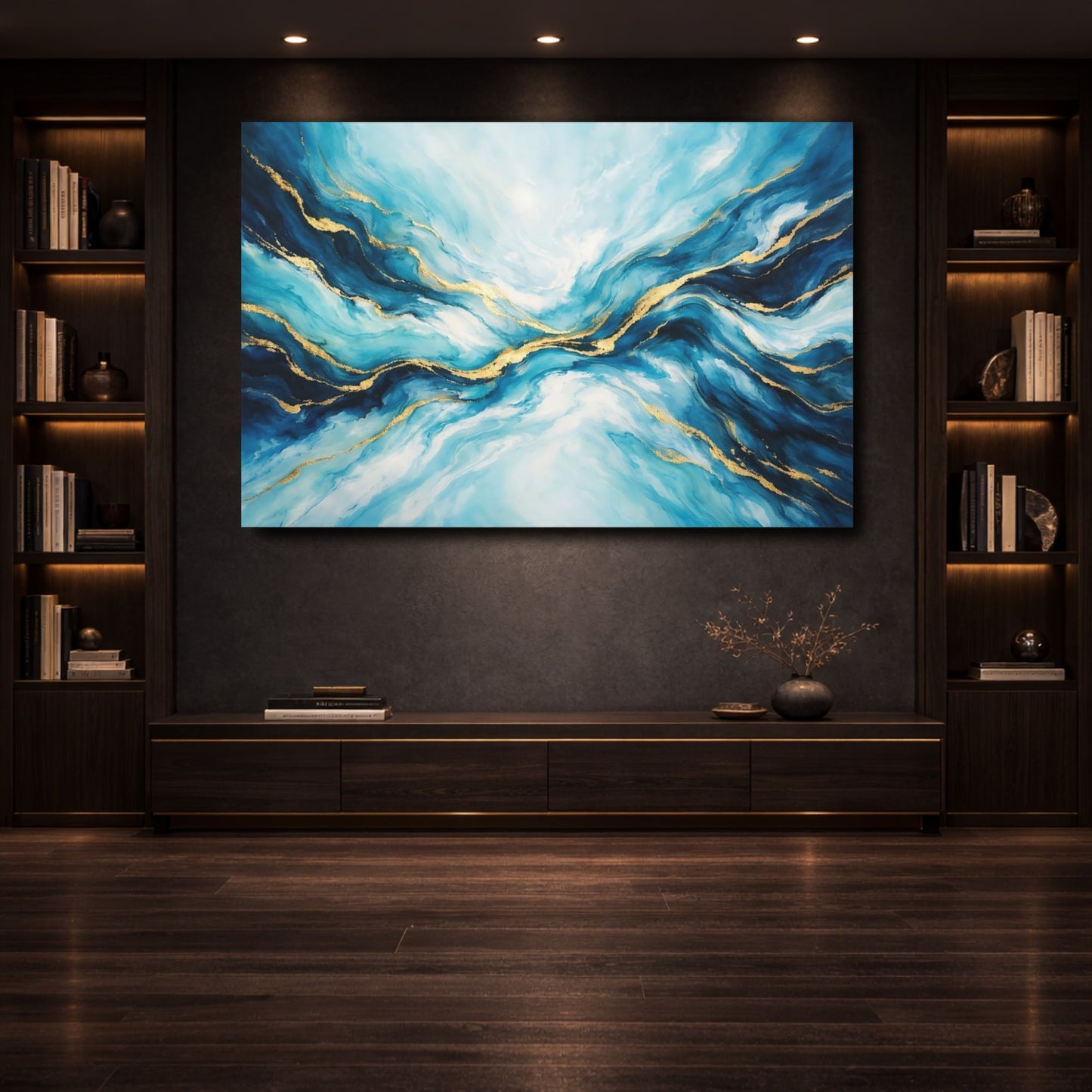 Mockup 3. Abstract Fluid Abstract Blue And Gold shown as stretched canvas wall art