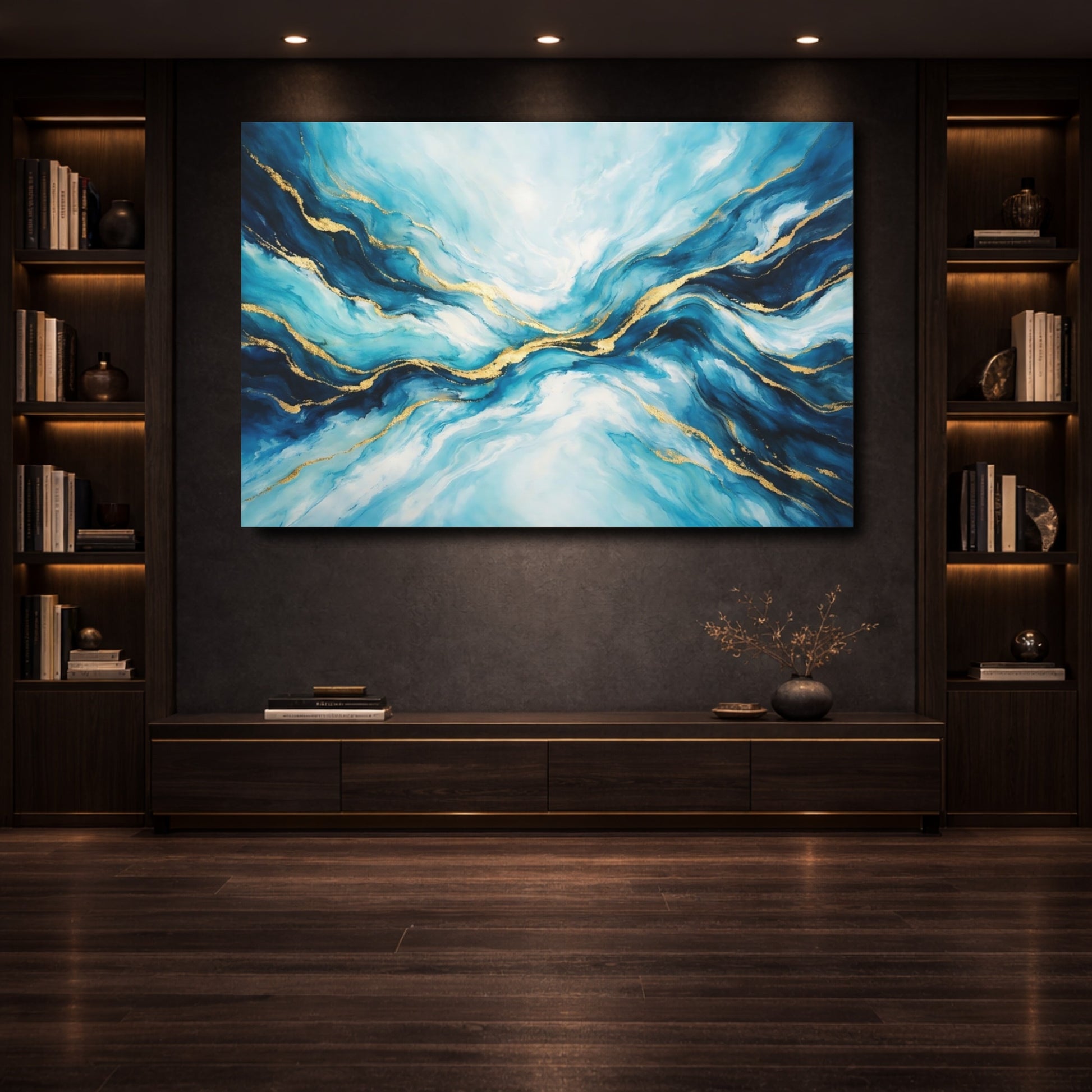 Mockup 3. Abstract Fluid Abstract Blue And Gold shown as stretched canvas wall art