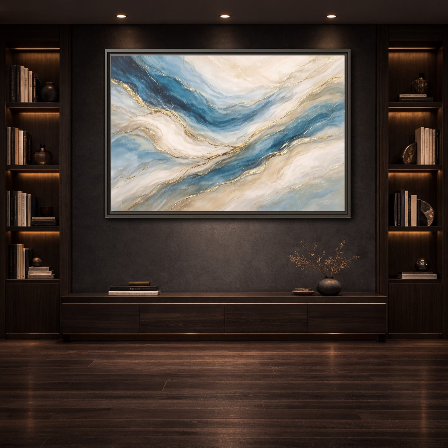 Mockup 3. Abstract Fluid Abstract Blue And Gold shown as stretched canvas wall art