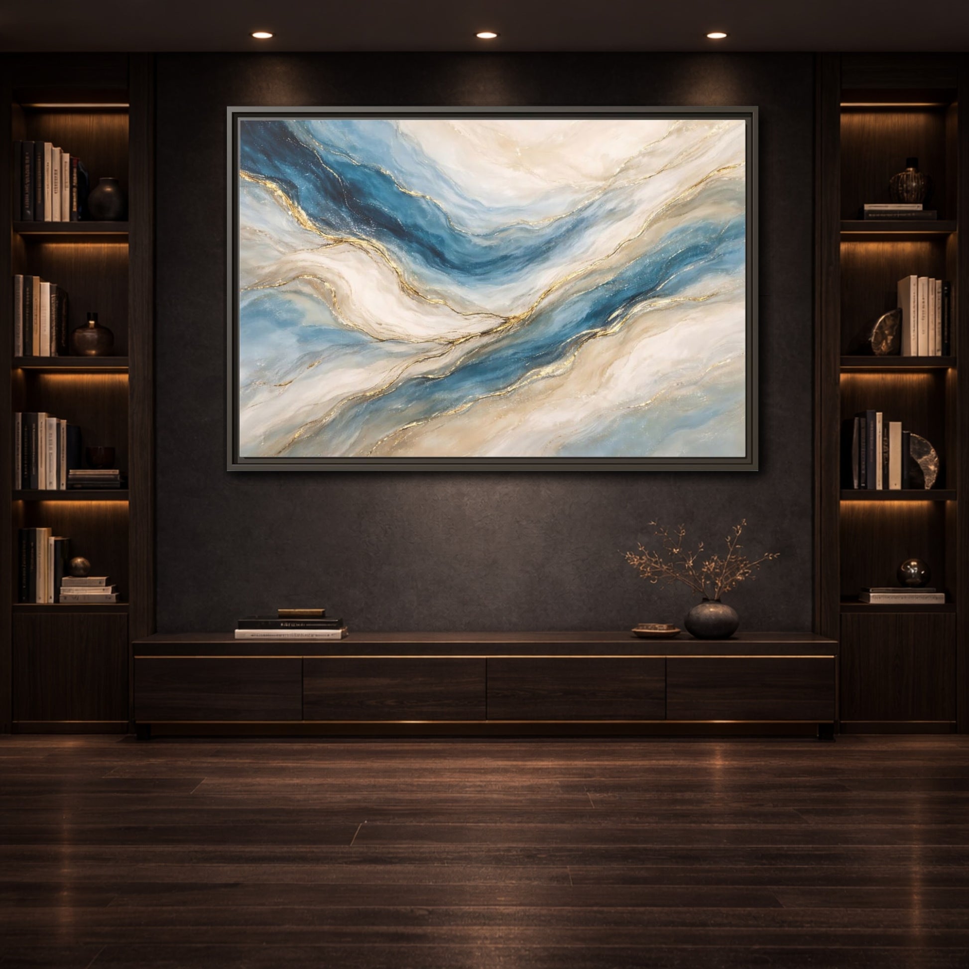 Mockup 3. Abstract Fluid Abstract Blue And Gold shown as stretched canvas wall art