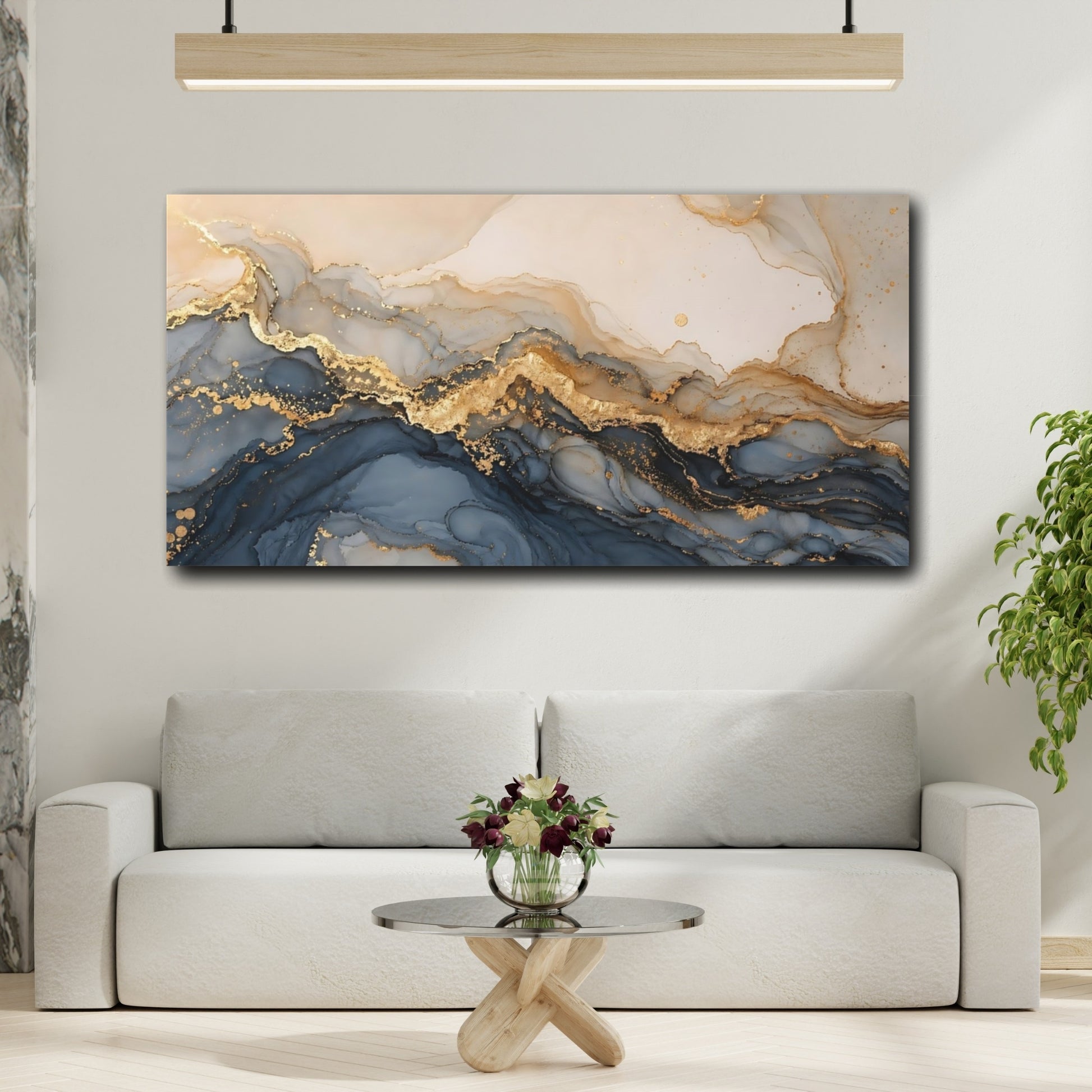 Mockup 3. Abstract Fluid Abstract Blue And Gold shown as stretched canvas wall art
