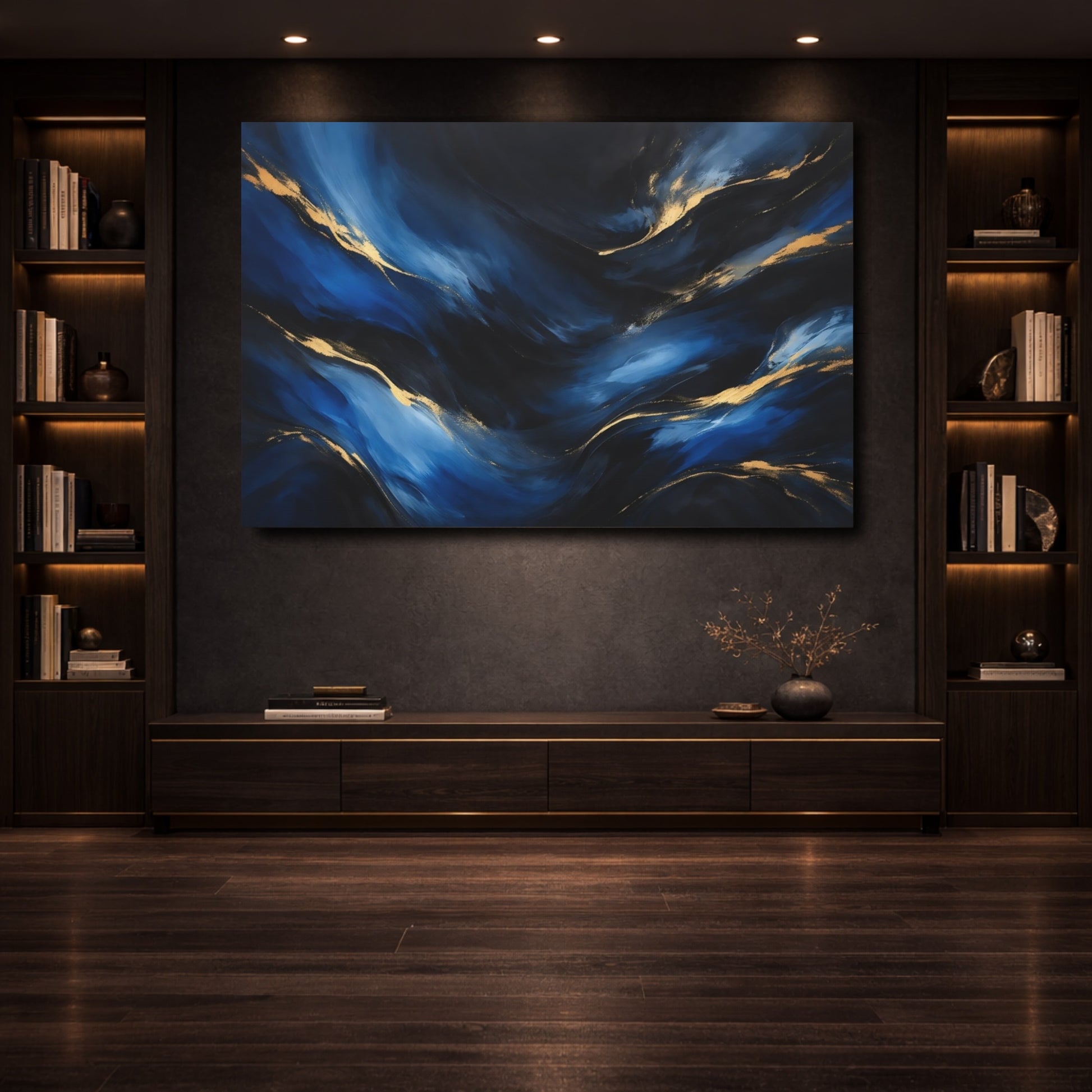 Mockup 3. Abstract Fluid Abstract Blue And Gold shown as stretched canvas wall art