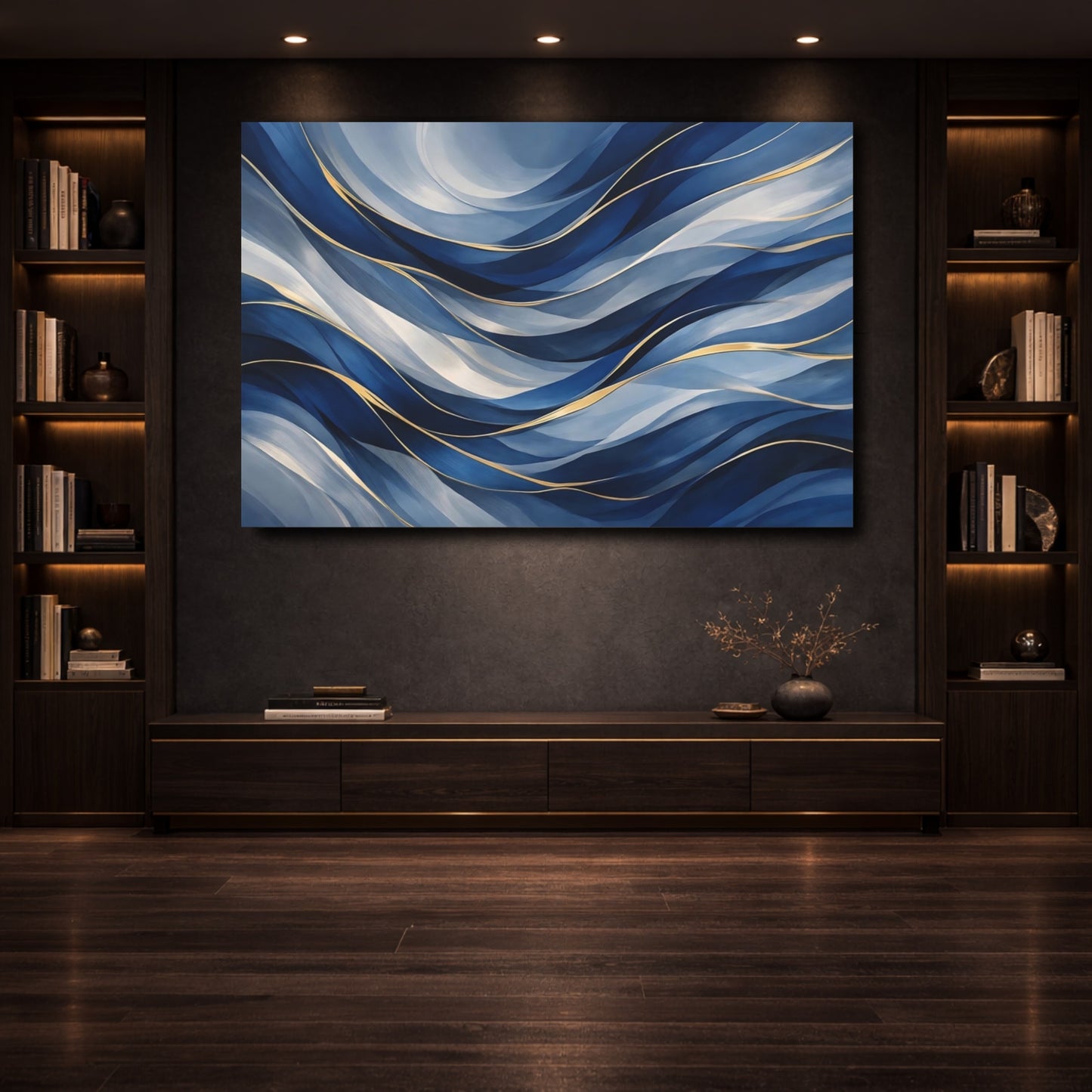 Mockup 3. Abstract Fluid Abstract Blue And Gold shown as stretched canvas wall art