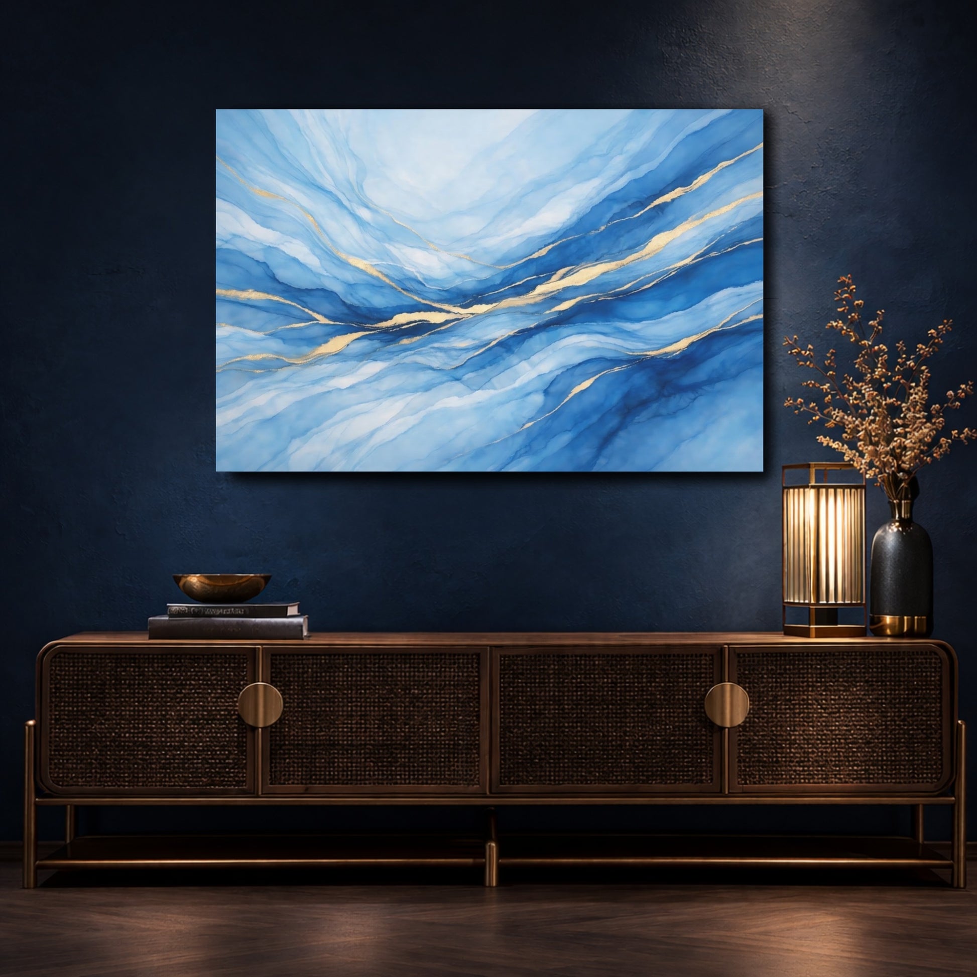 Mockup 4. Abstract Fluid Abstract Blue And Gold shown as stretched canvas wall art
