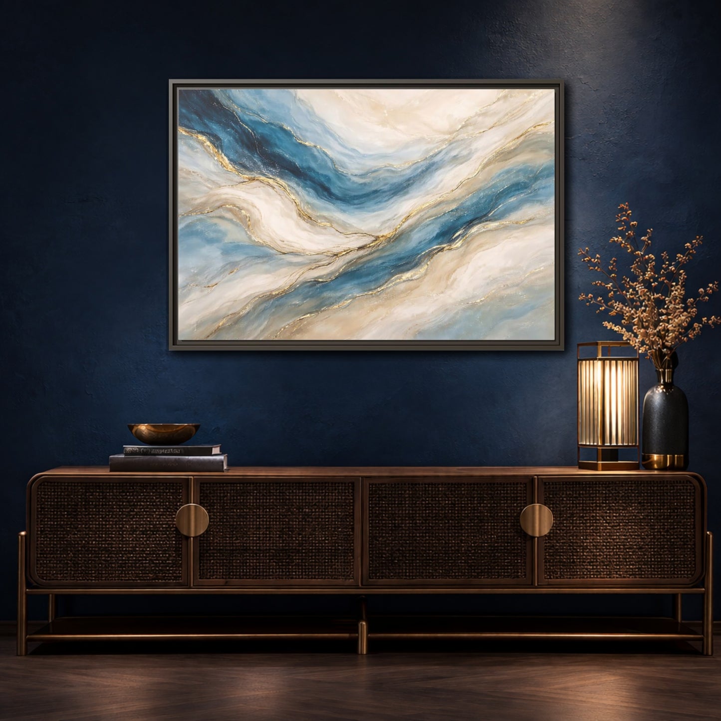 Mockup 4. Abstract Fluid Abstract Blue And Gold shown as stretched canvas wall art
