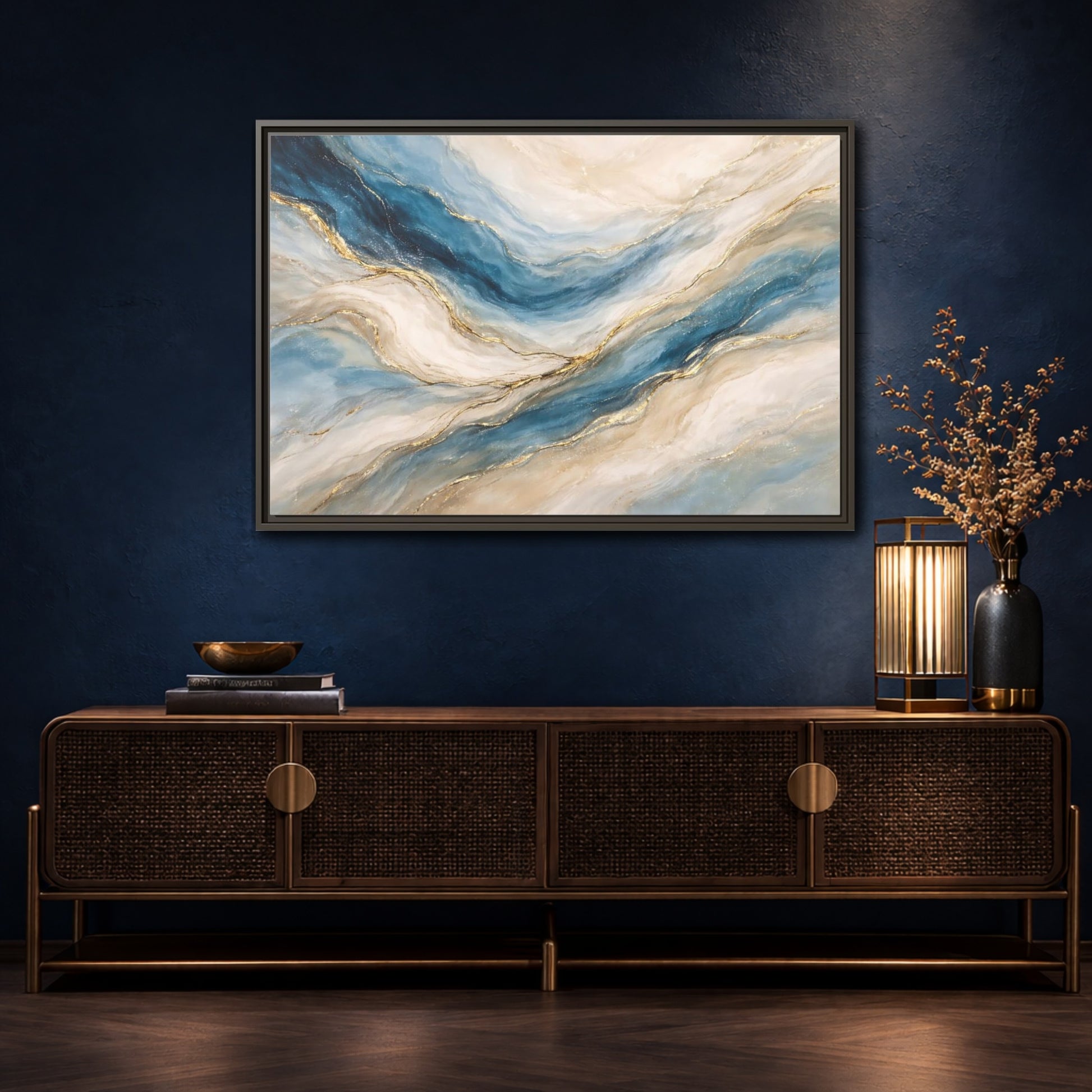 Mockup 4. Abstract Fluid Abstract Blue And Gold shown as stretched canvas wall art