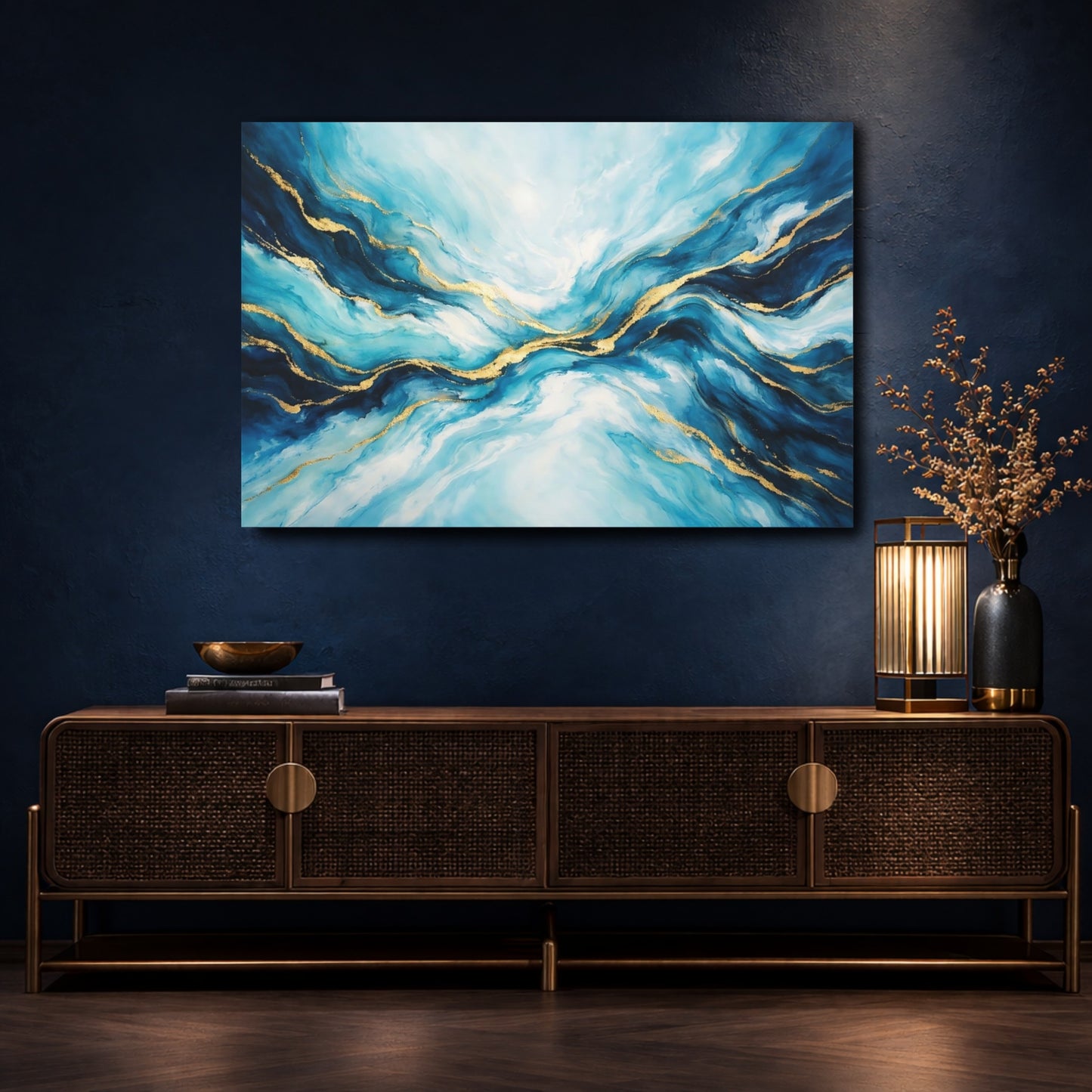 Mockup 4. Abstract Fluid Abstract Blue And Gold shown as stretched canvas wall art