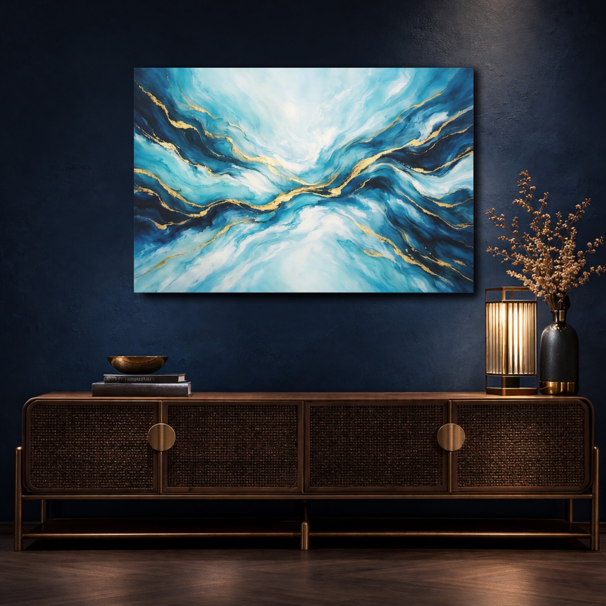Mockup 4. Abstract Fluid Abstract Blue And Gold shown as stretched canvas wall art