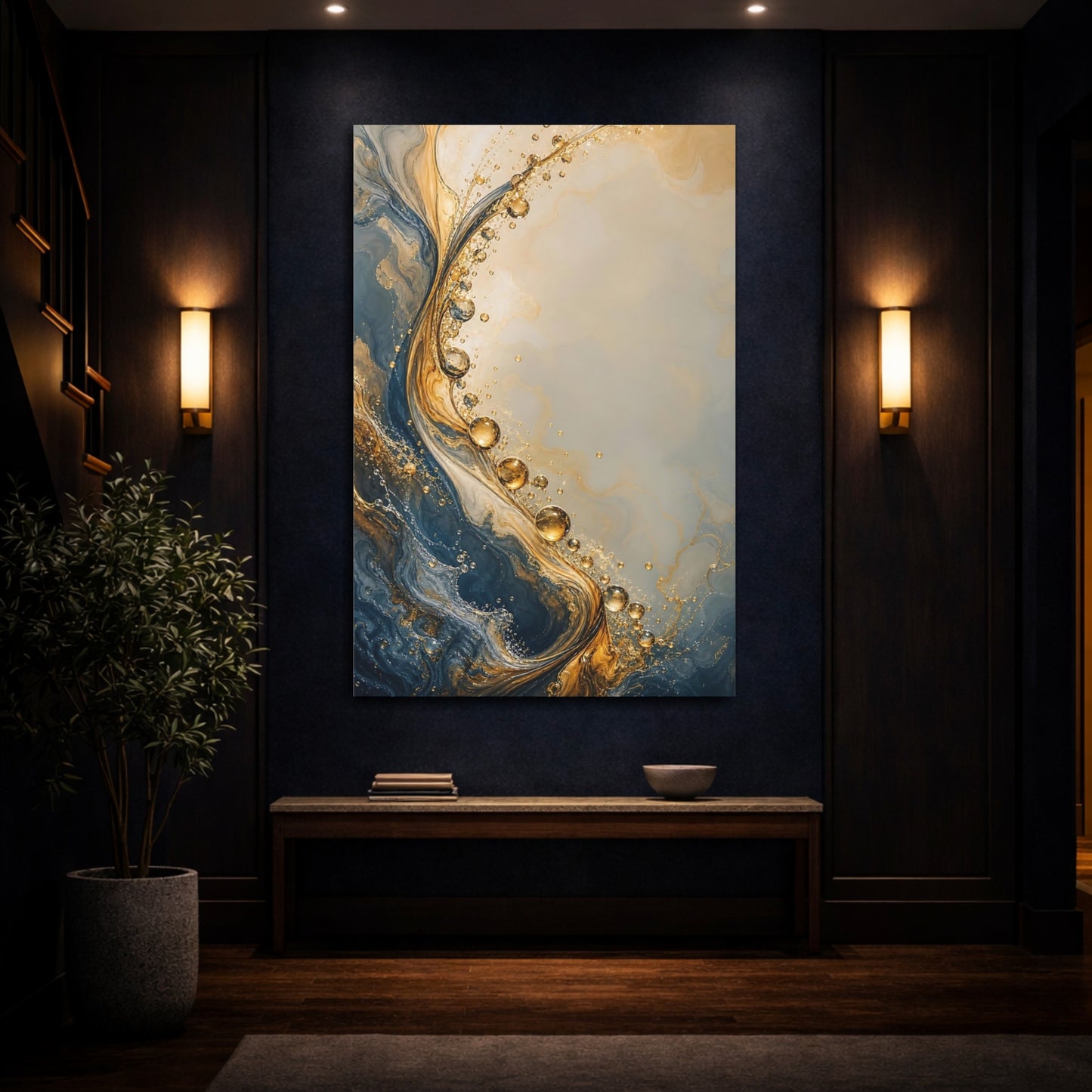 Mockup 4. Abstract Fluid Abstract Blue And Gold shown as stretched canvas wall art