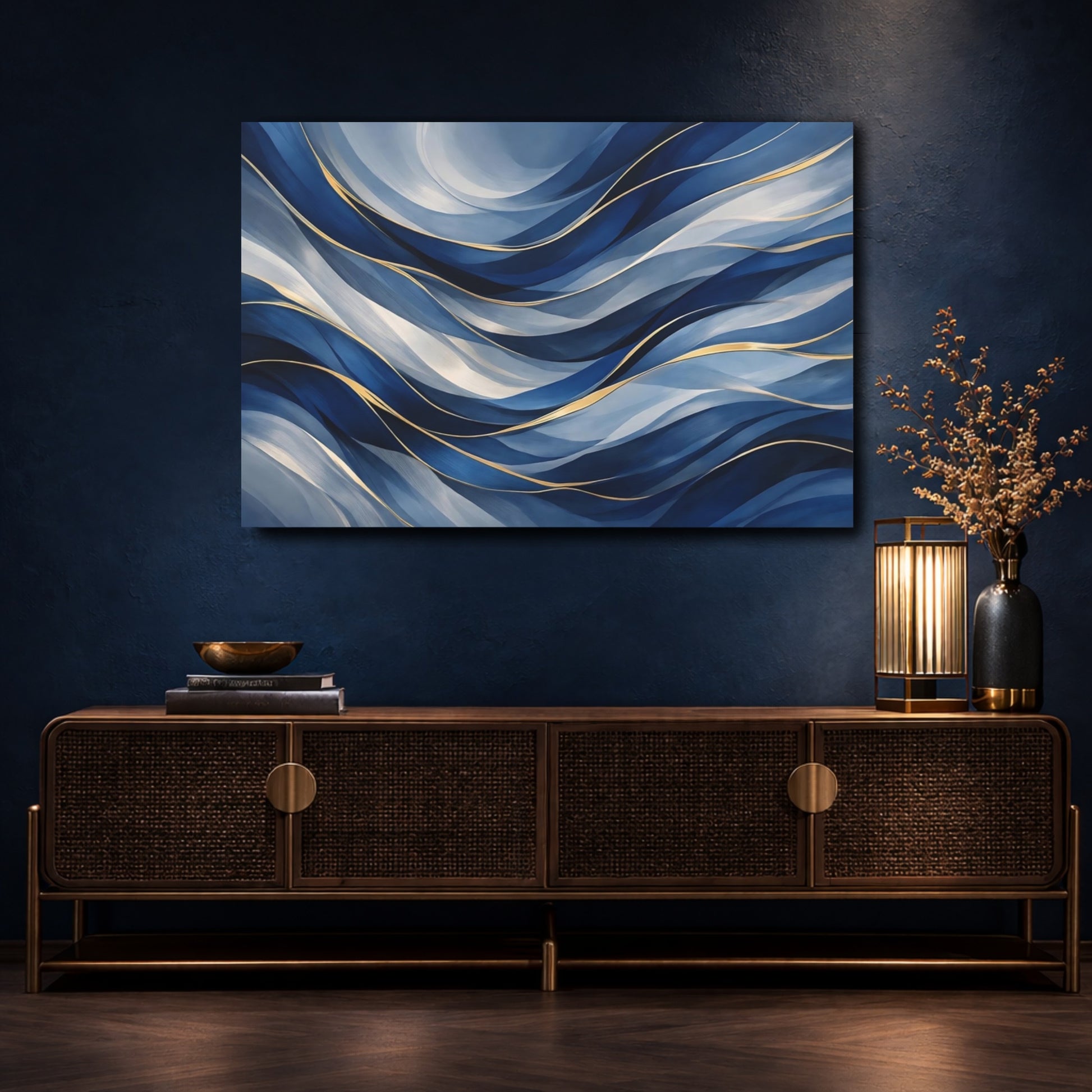 Mockup 4. Abstract Fluid Abstract Blue And Gold shown as stretched canvas wall art