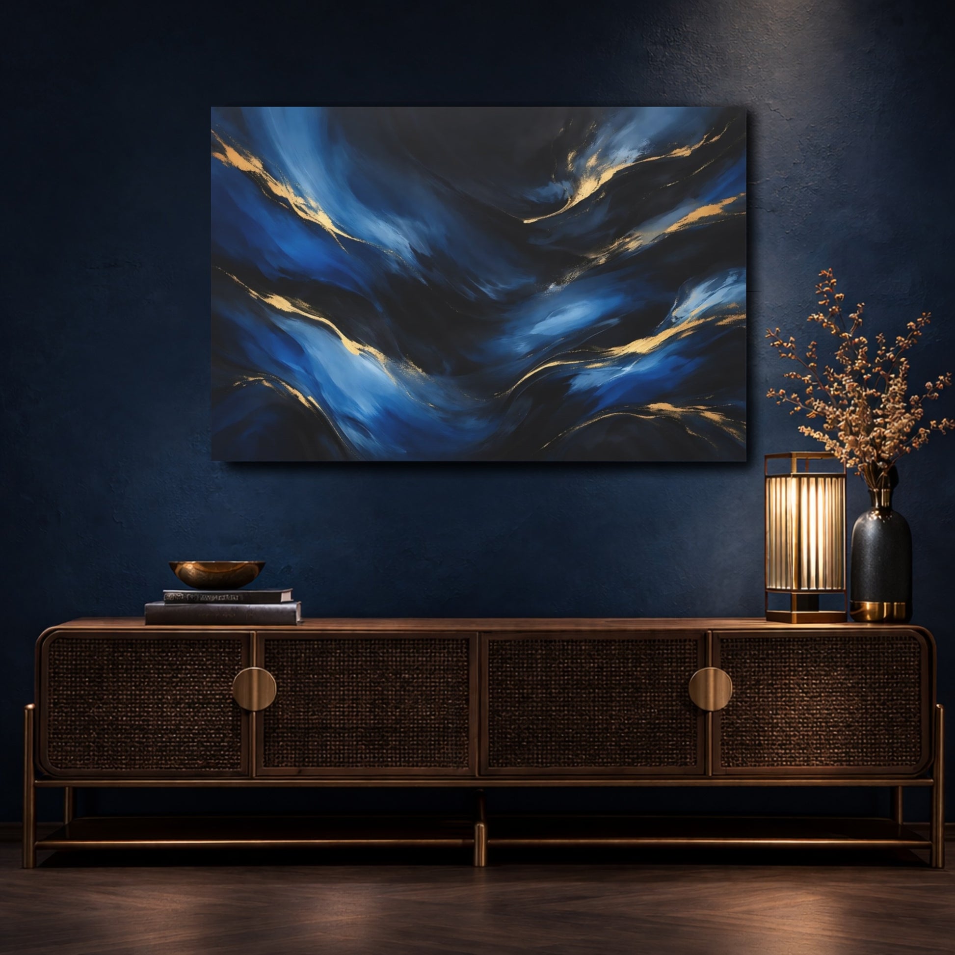 Mockup 4. Abstract Fluid Abstract Blue And Gold shown as stretched canvas wall art