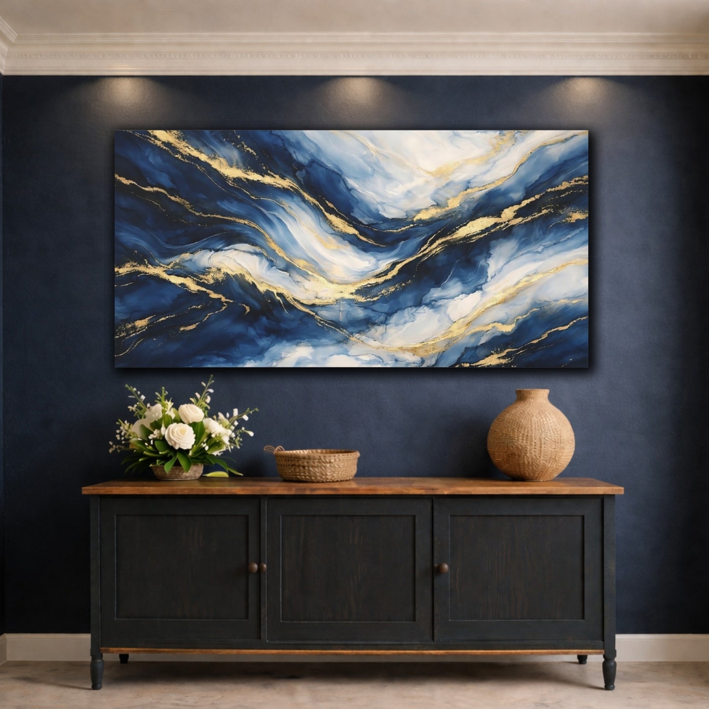 Mockup 4. Abstract Fluid Abstract Blue And Gold shown as stretched canvas wall art
