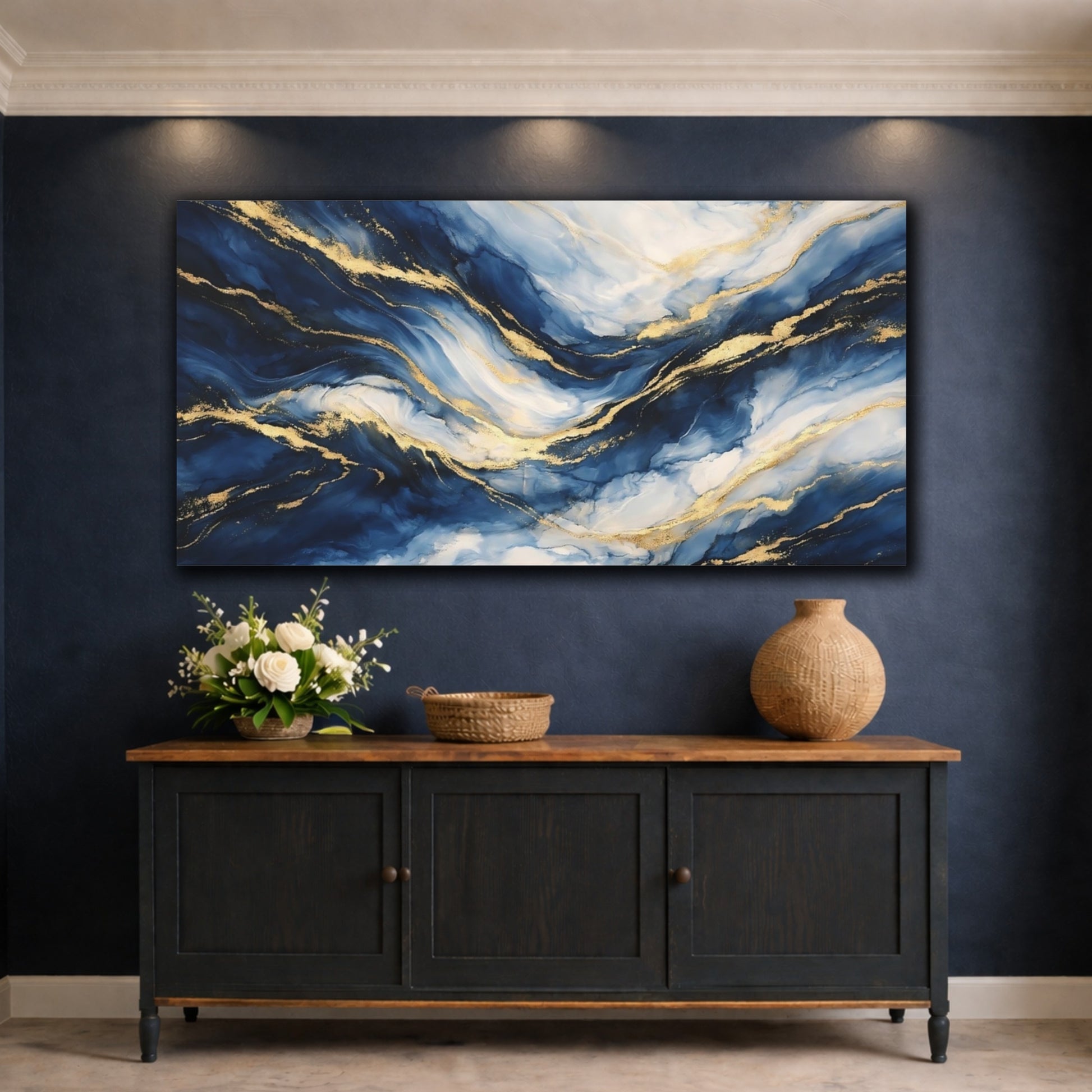 Mockup 4. Abstract Fluid Abstract Blue And Gold shown as stretched canvas wall art
