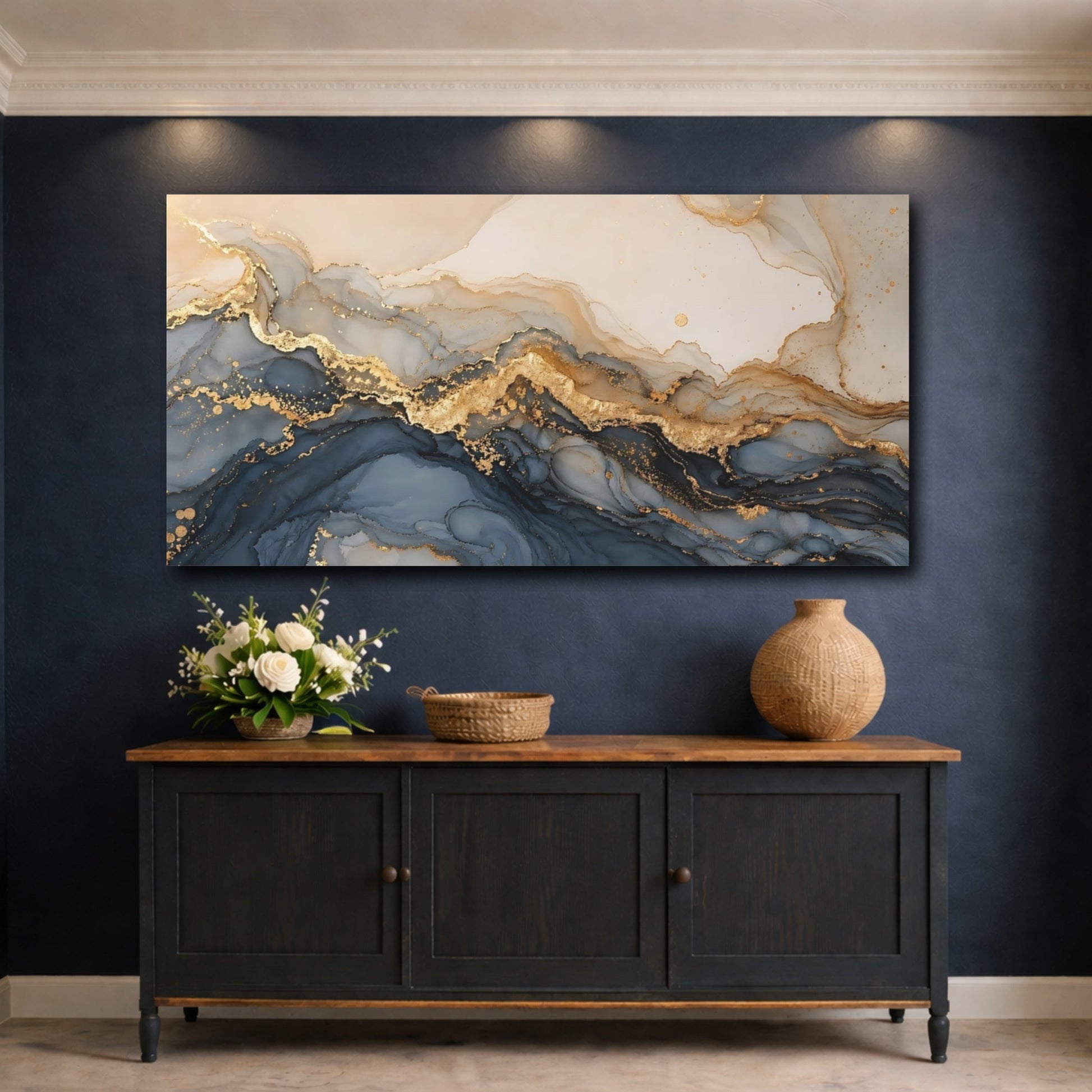 Mockup 4. Abstract Fluid Abstract Blue And Gold shown as stretched canvas wall art