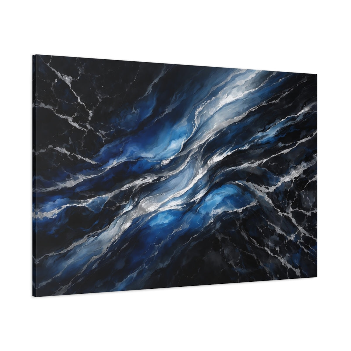 Main Mockup. Abstract Fluid Abstract Blue And Silver shown as stretched canvas wall art