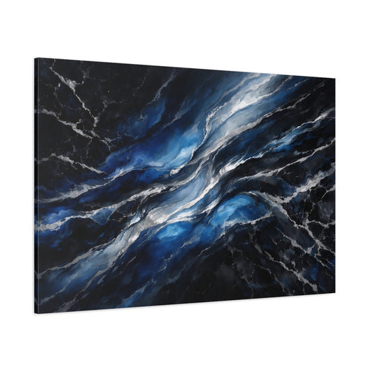 Main Mockup. Abstract Fluid Abstract Blue And Silver shown as stretched canvas wall art