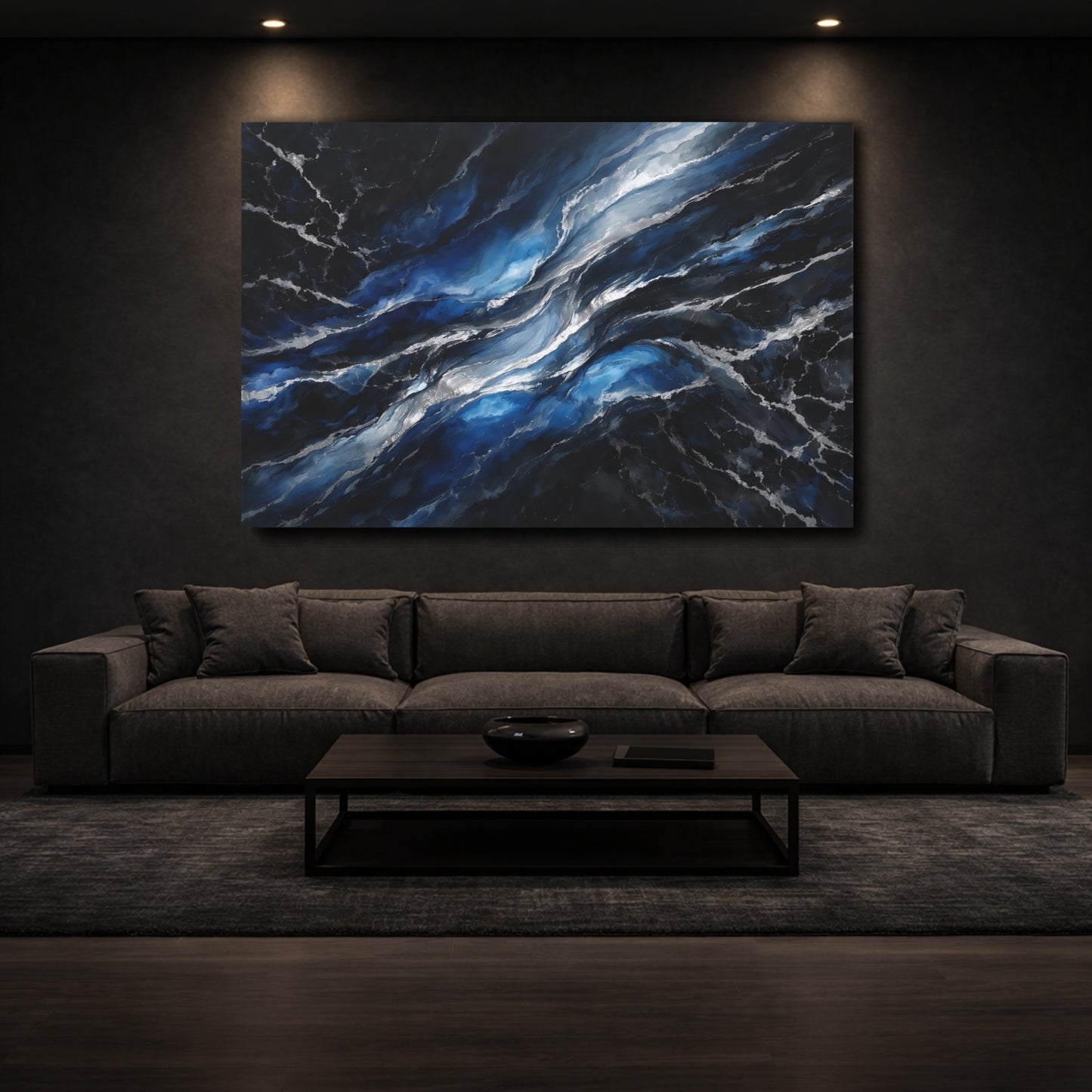 Mockup 2. Abstract Fluid Abstract Blue And Silver shown as stretched canvas wall art