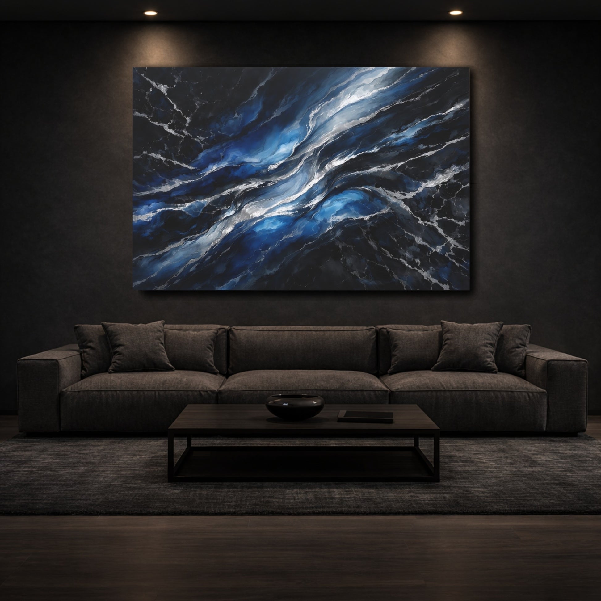 Mockup 2. Abstract Fluid Abstract Blue And Silver shown as stretched canvas wall art