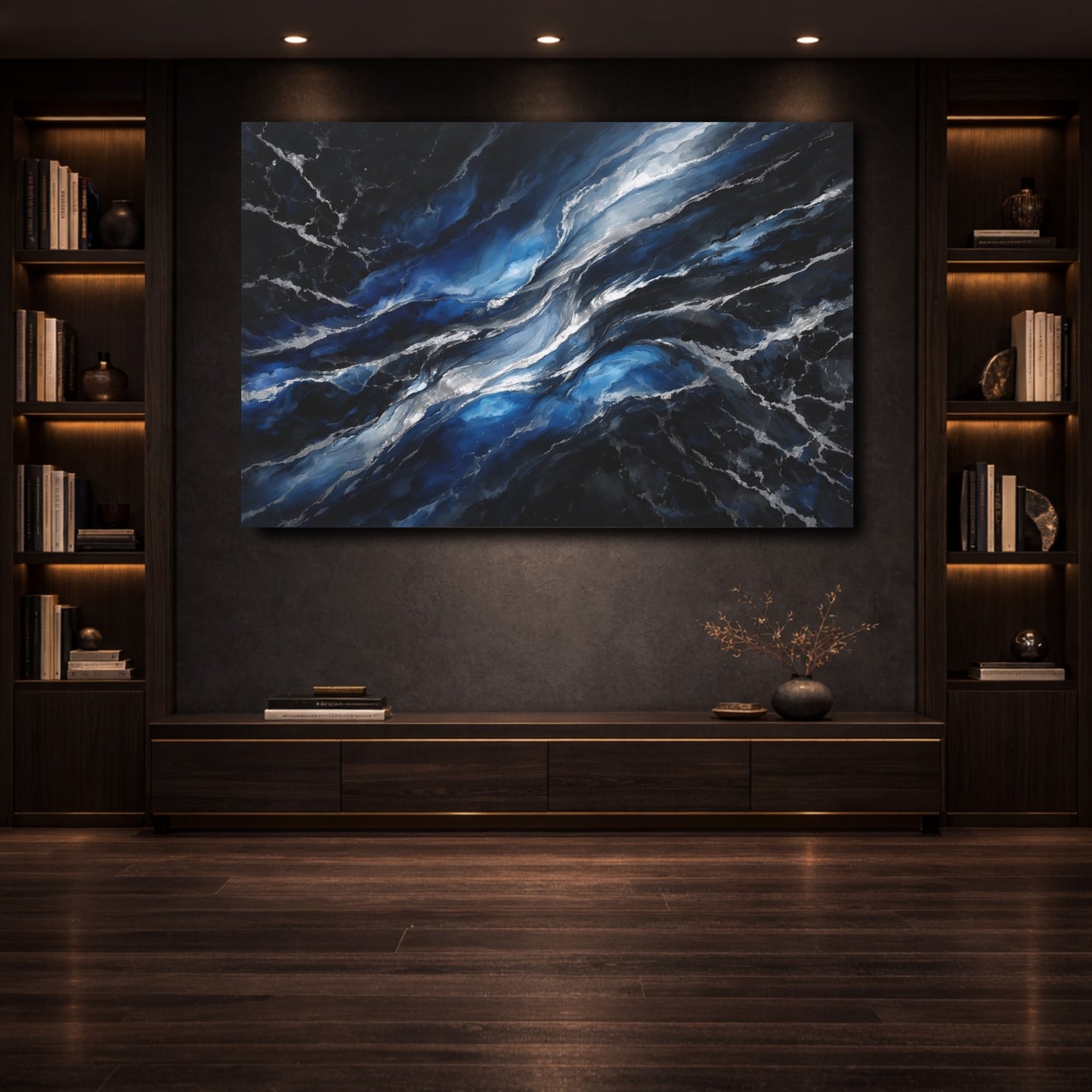 Mockup 3. Abstract Fluid Abstract Blue And Silver shown as stretched canvas wall art