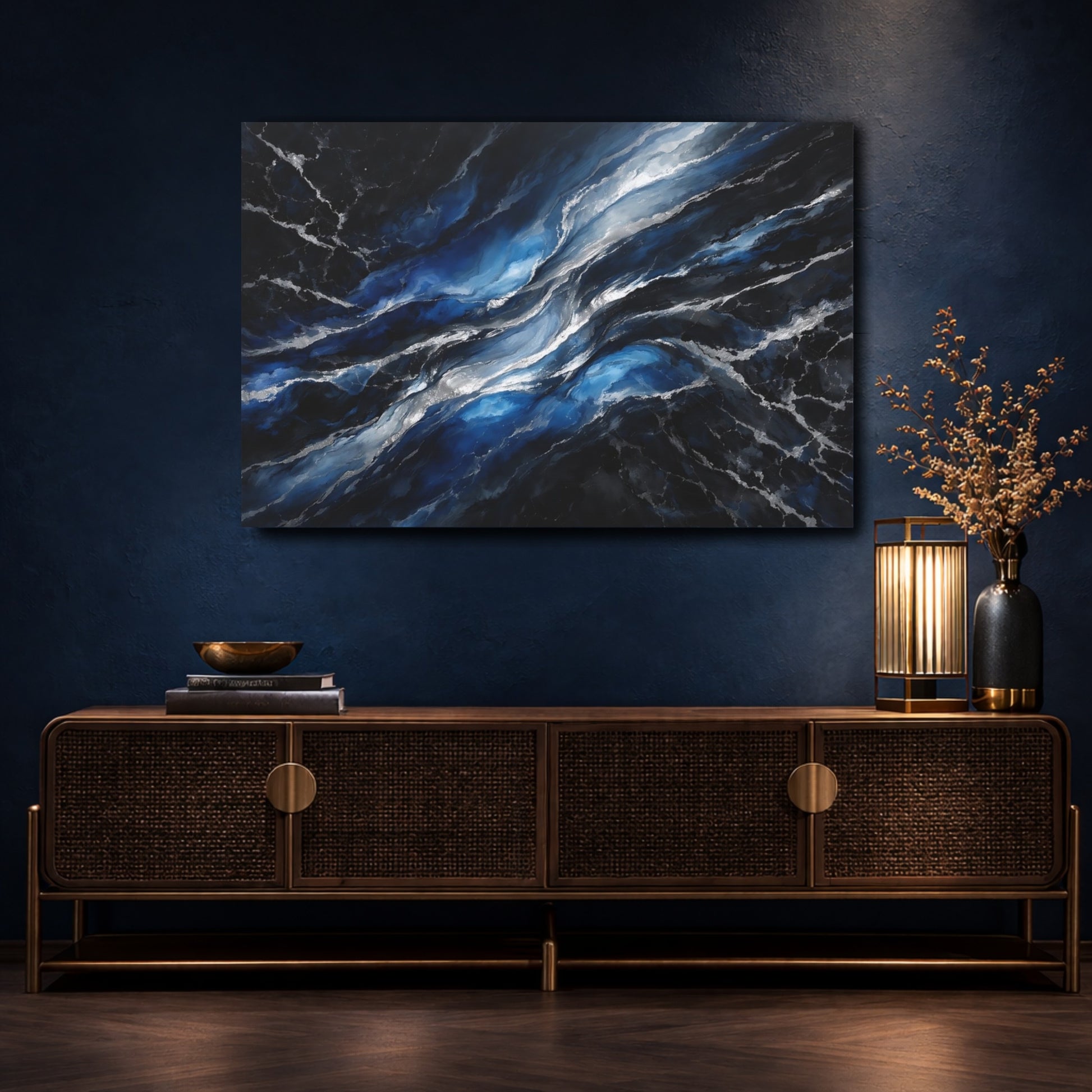Mockup 4. Abstract Fluid Abstract Blue And Silver shown as stretched canvas wall art