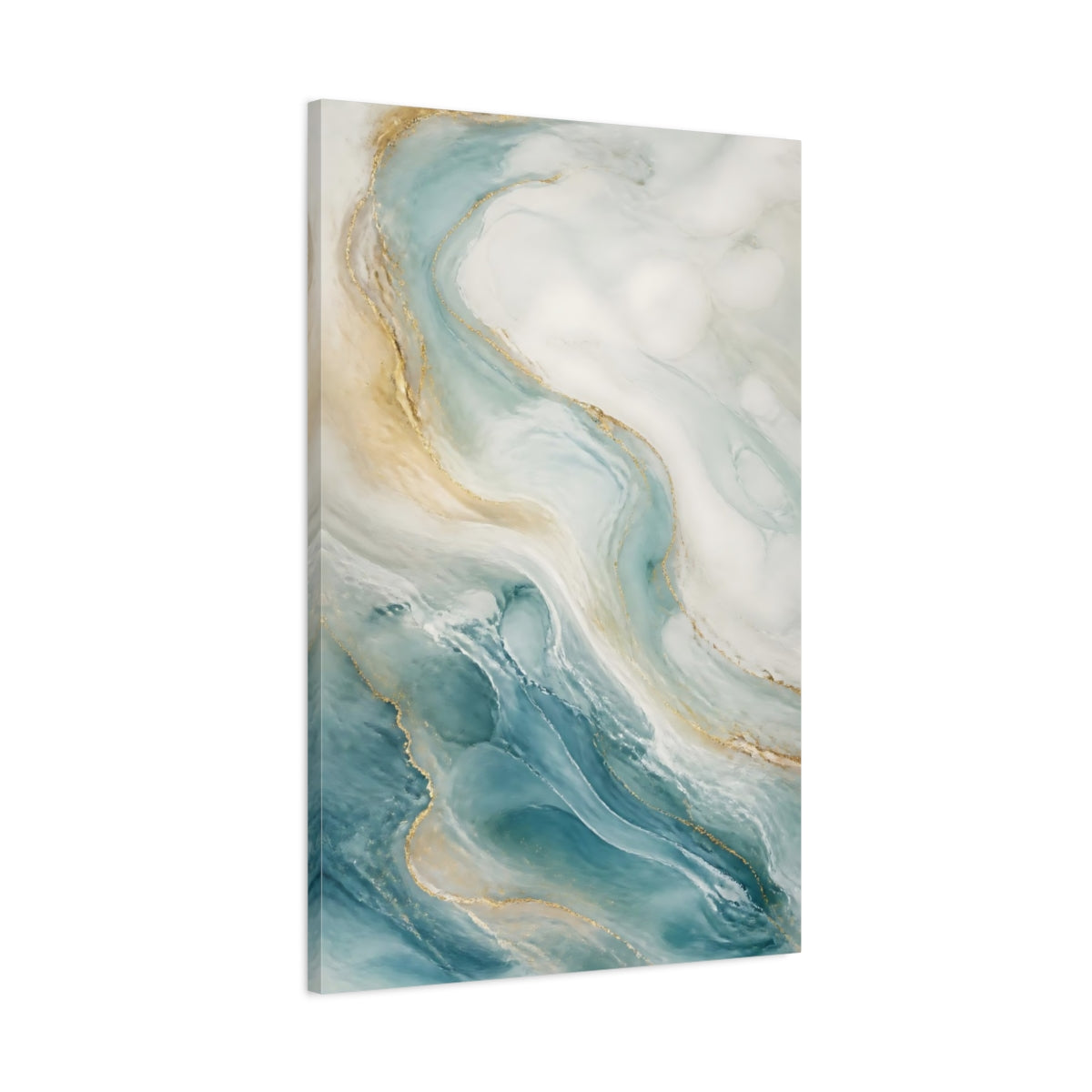 Main Mockup. Abstract Fluid Abstract Blue Gold Abstract shown as stretched canvas wall art