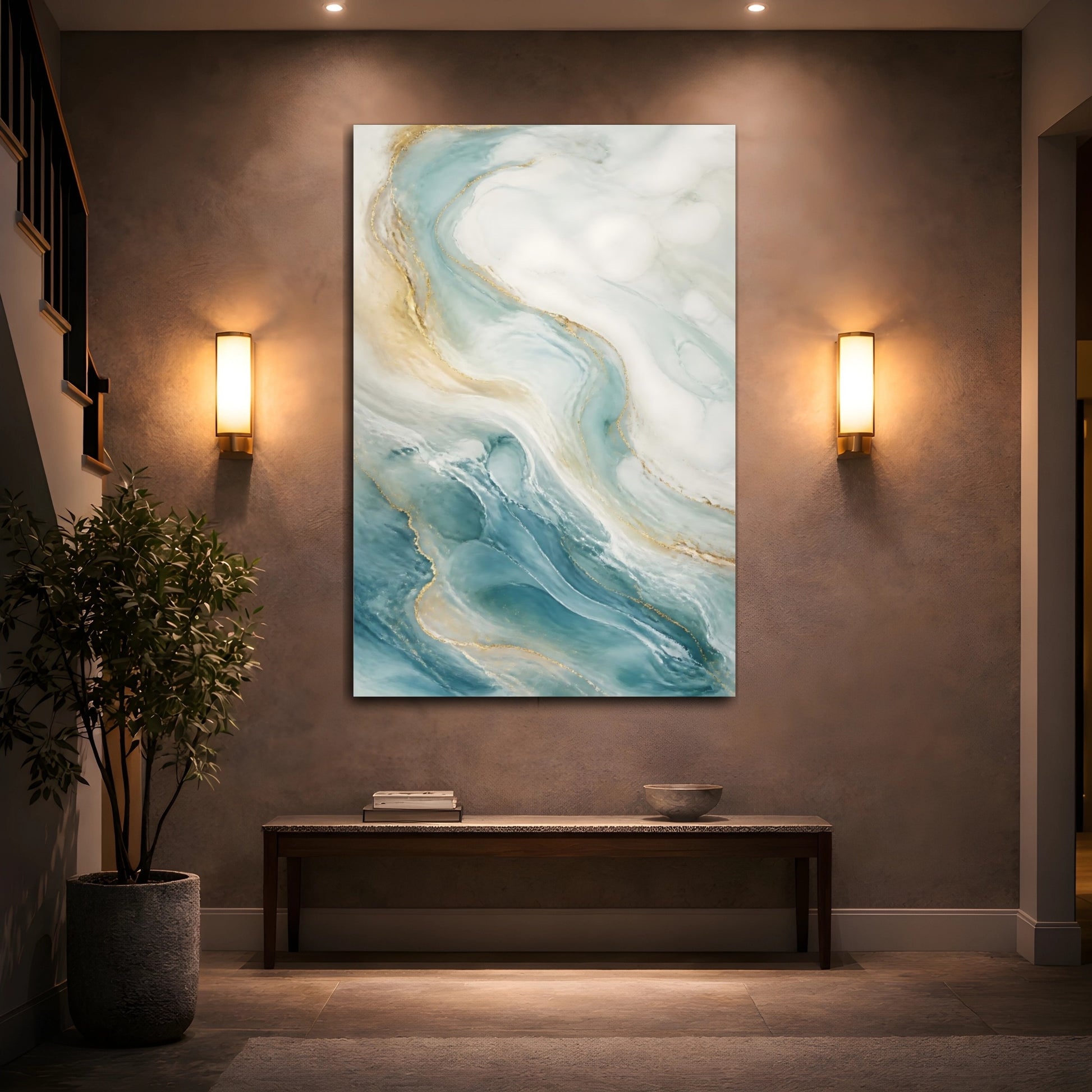 Mockup 2. Abstract Fluid Abstract Blue Gold Abstract shown as stretched canvas wall art